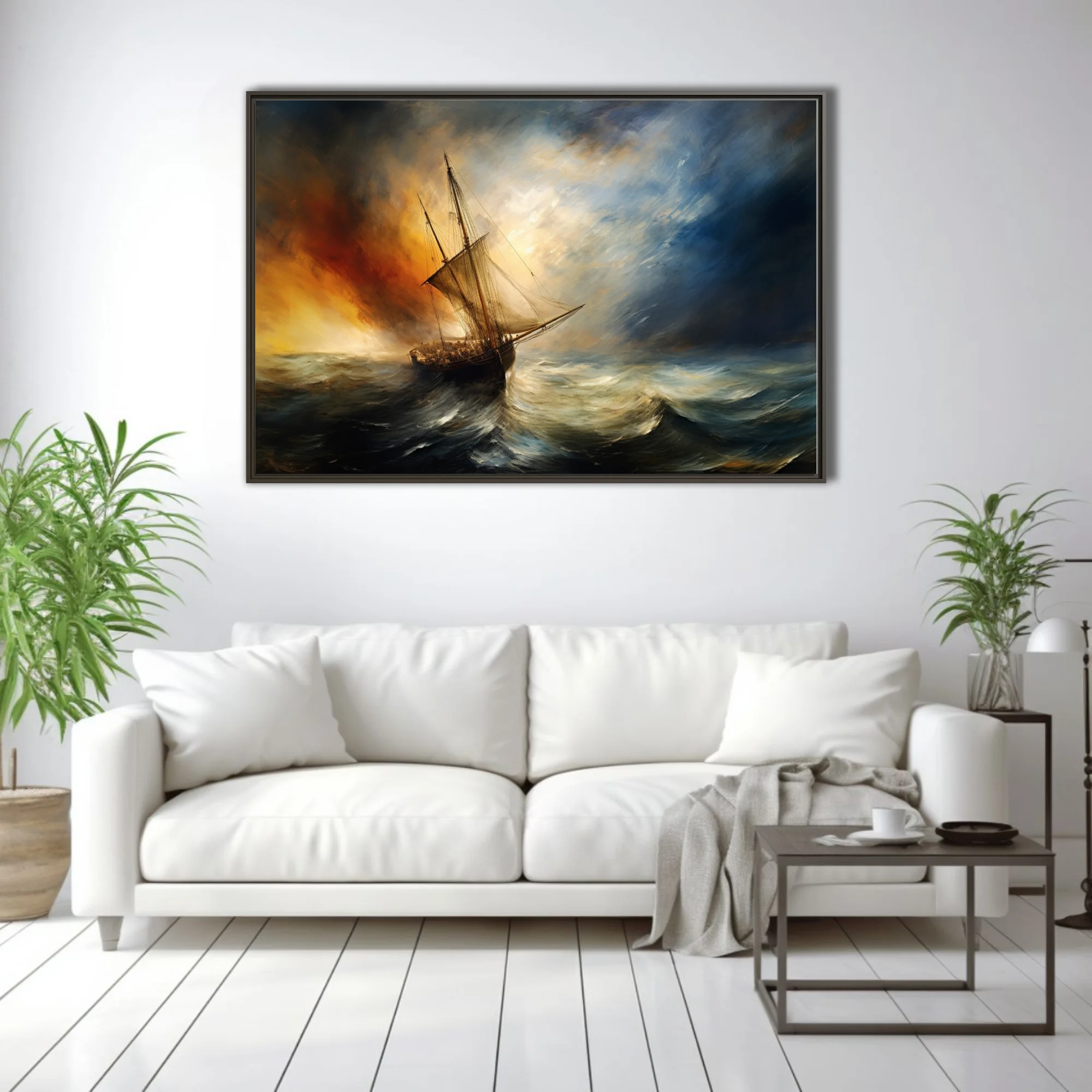 Romantic-style stormy seascape, tall ship in churning waves, amber and steel-blue palette
