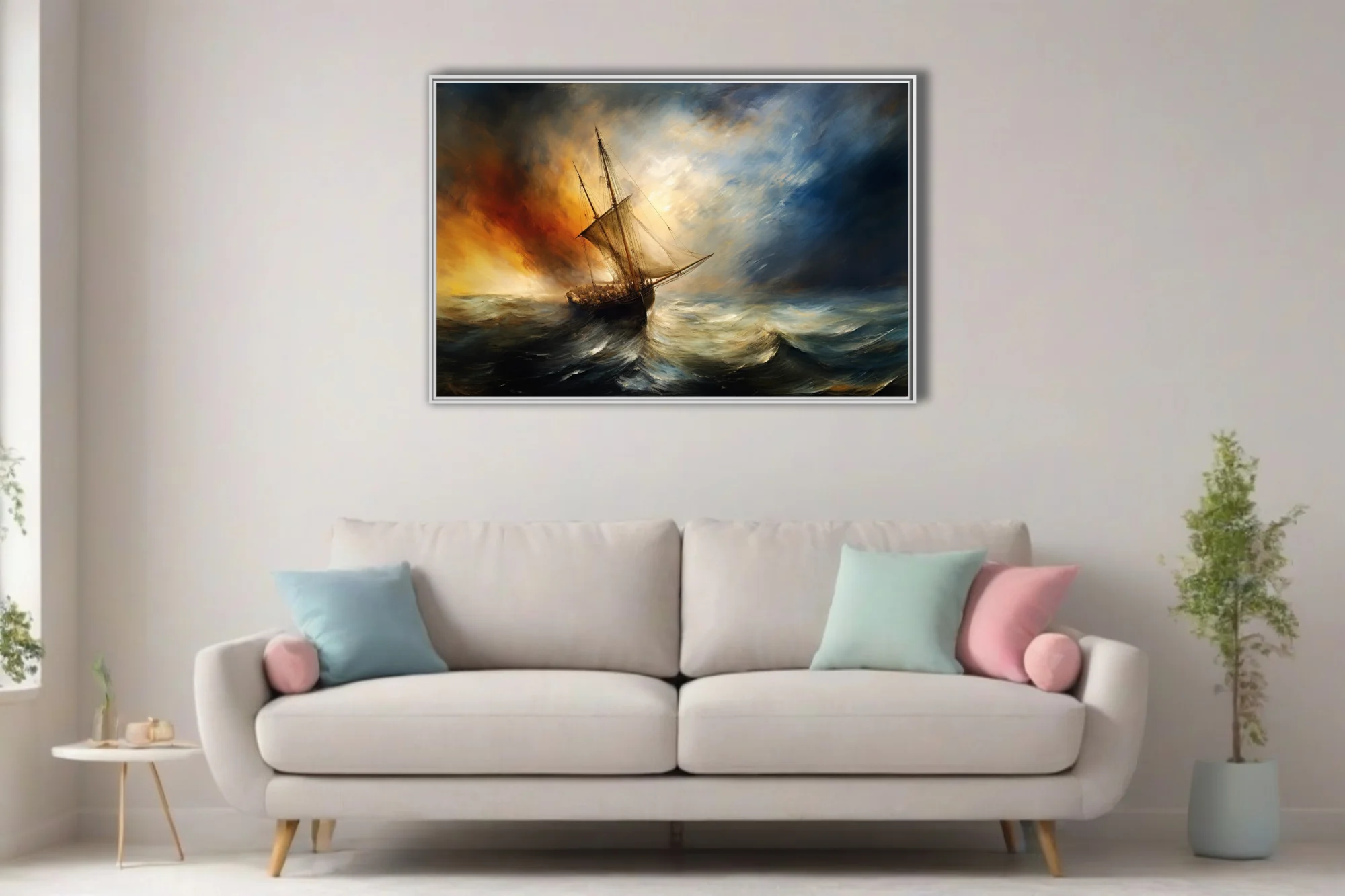 Romantic-style stormy seascape, tall ship in churning waves, amber and steel-blue palette