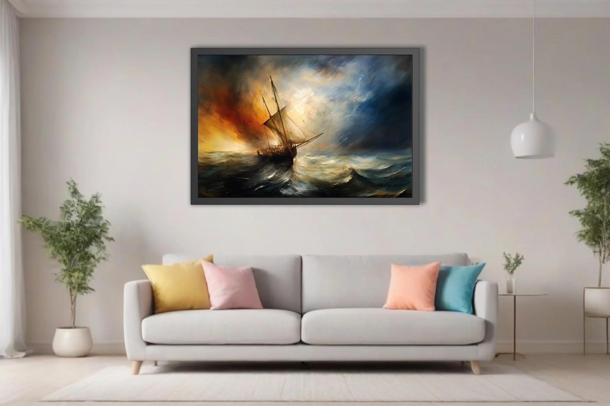Romantic-style stormy seascape, tall ship in churning waves, amber and steel-blue palette