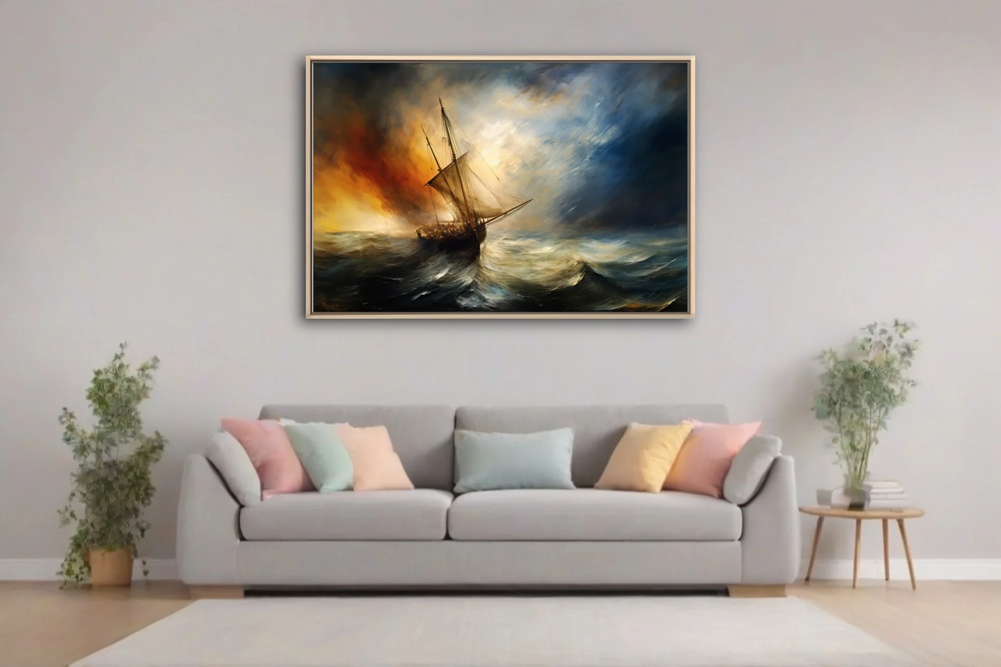 Romantic-style stormy seascape, tall ship in churning waves, amber and steel-blue palette