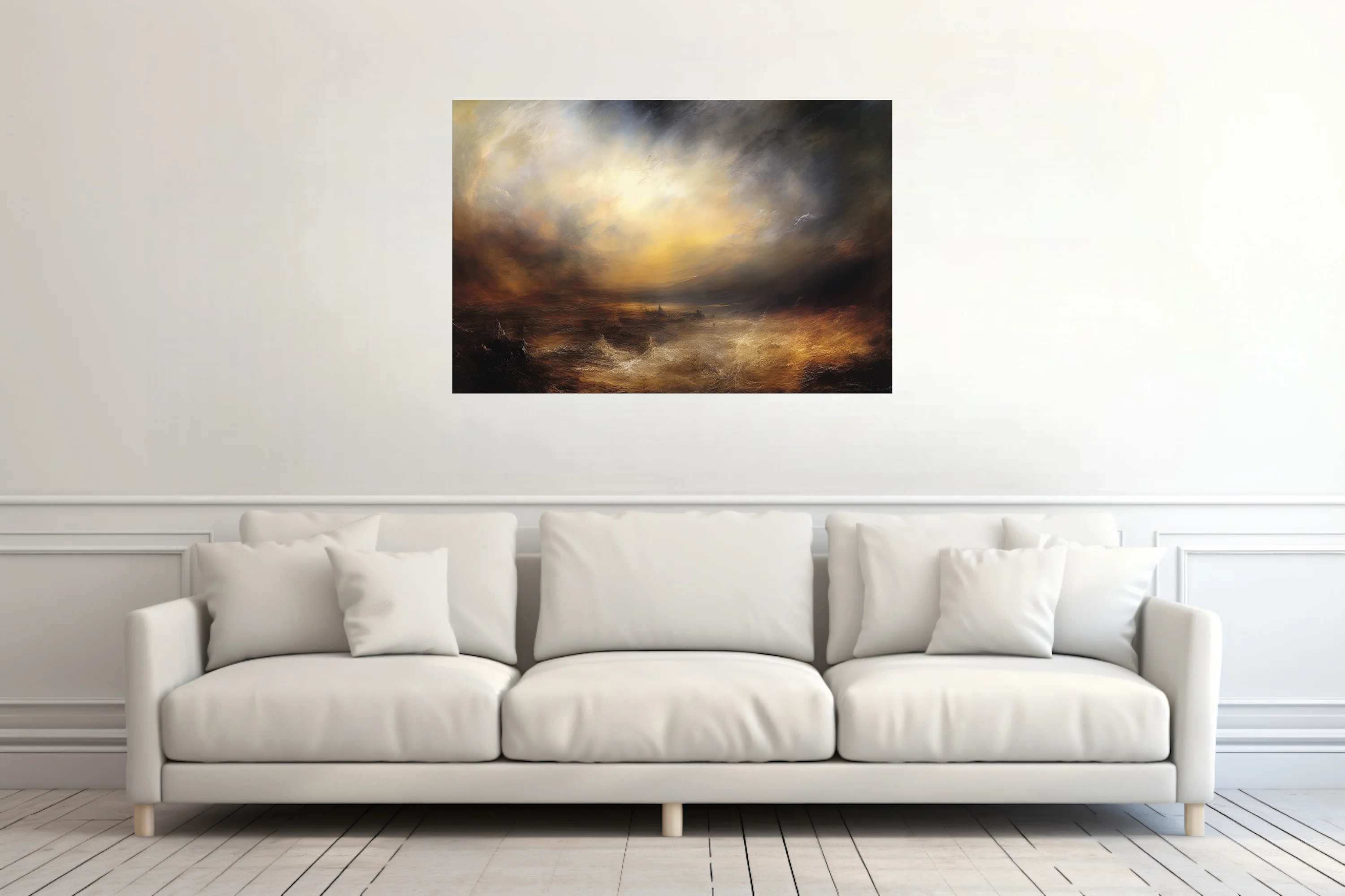 Romantic sublime seascape with stormy amber skies and dramatic light break