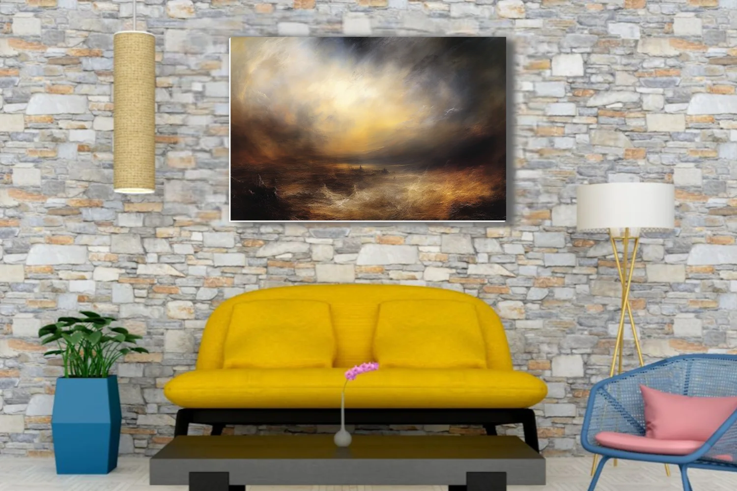 Romantic sublime seascape with stormy amber skies and dramatic light break
