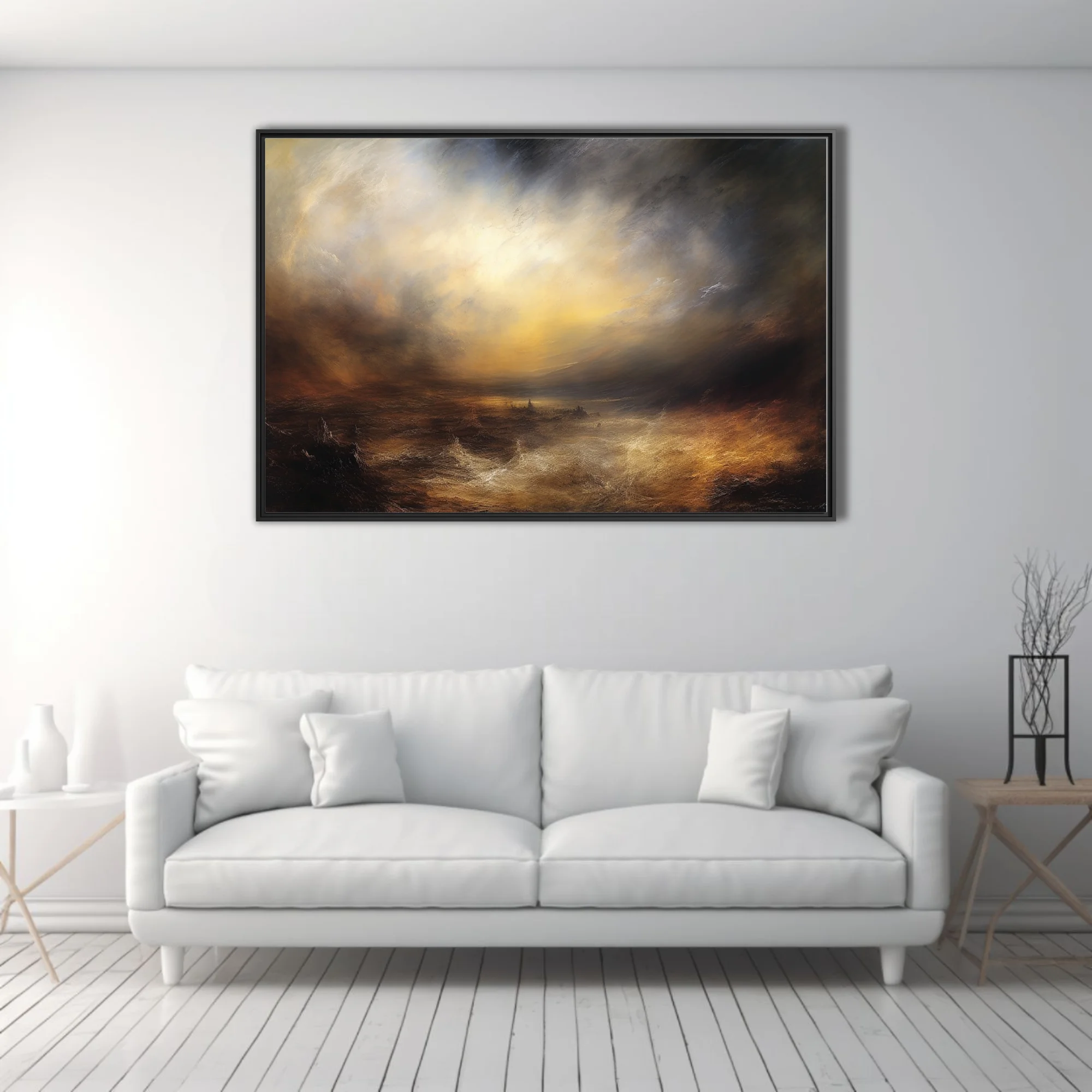 Romantic sublime seascape with stormy amber skies and dramatic light break