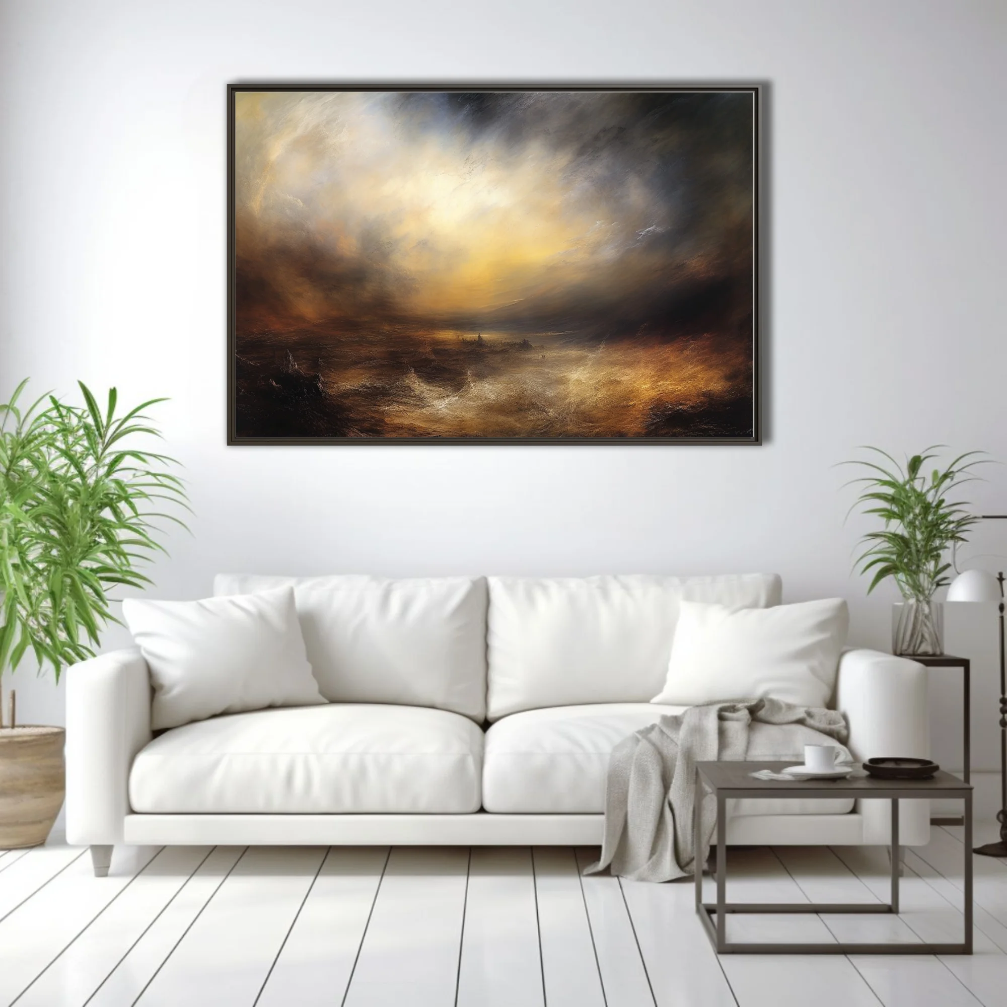 Romantic sublime seascape with stormy amber skies and dramatic light break