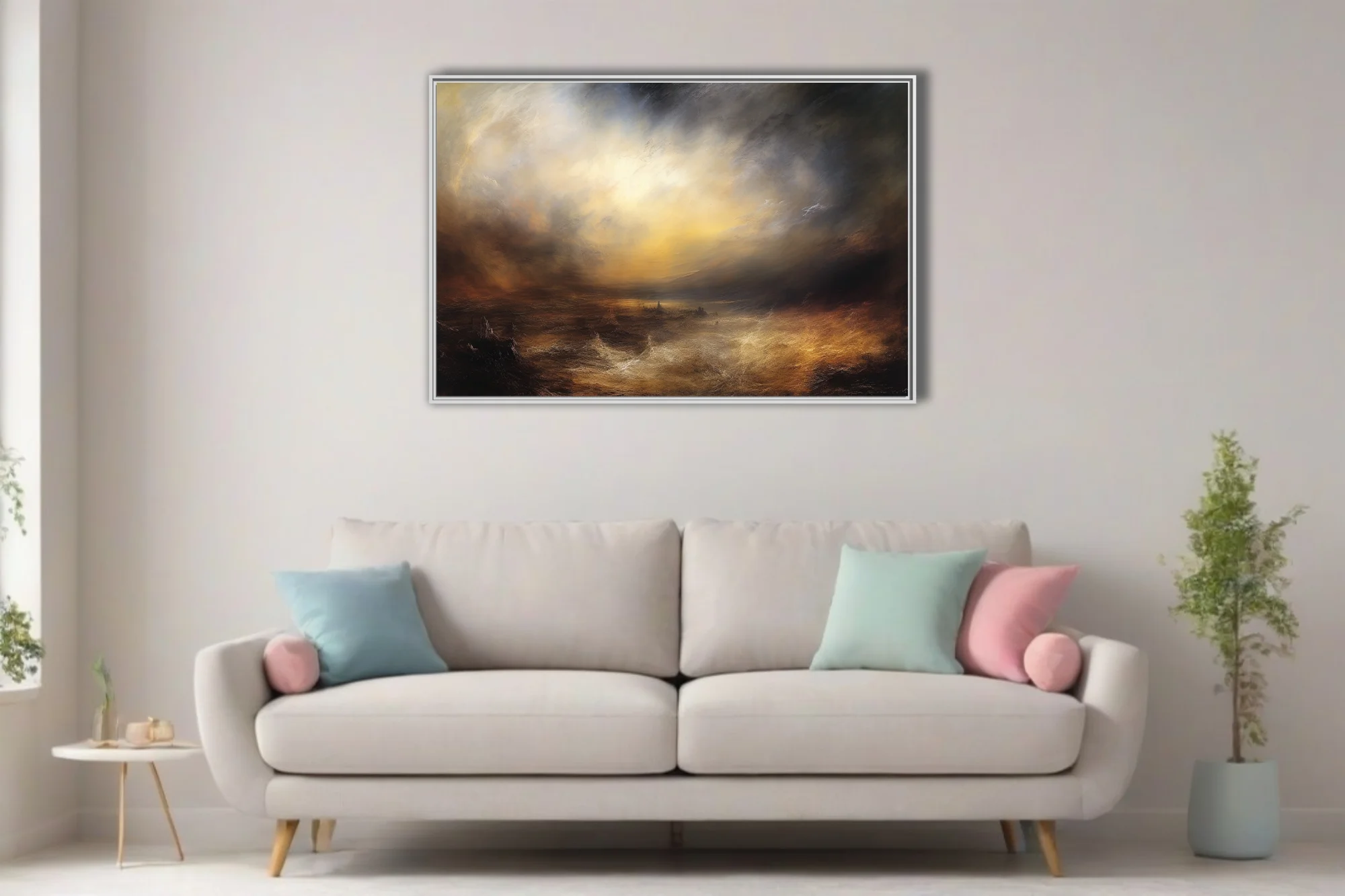 Romantic sublime seascape with stormy amber skies and dramatic light break