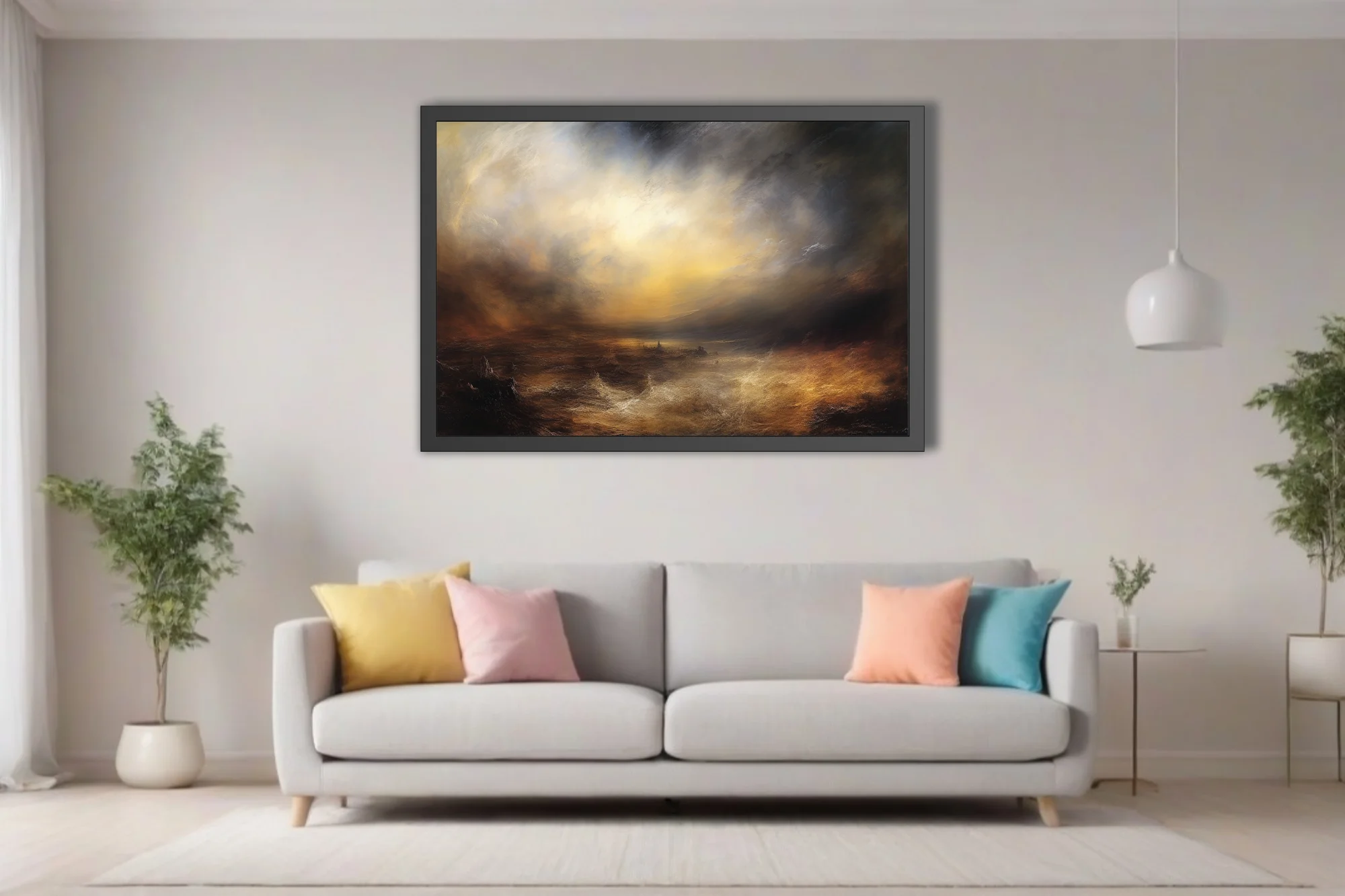 Romantic sublime seascape with stormy amber skies and dramatic light break