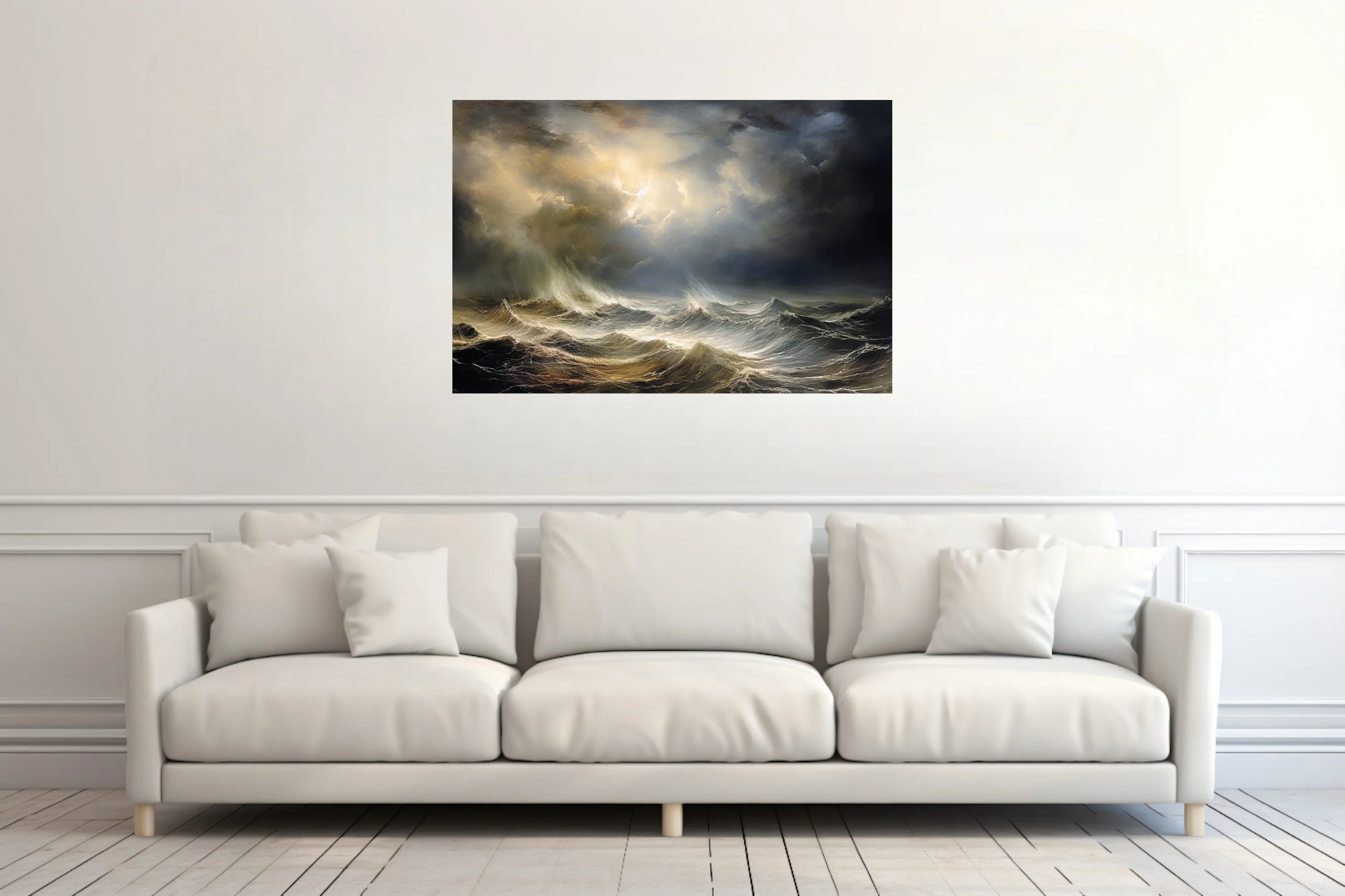 Stormy seascape with golden storm light breaking over dark turbulent waves