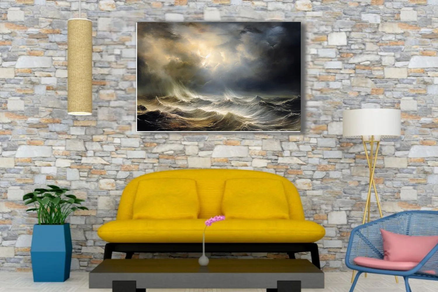 Stormy seascape with golden storm light breaking over dark turbulent waves