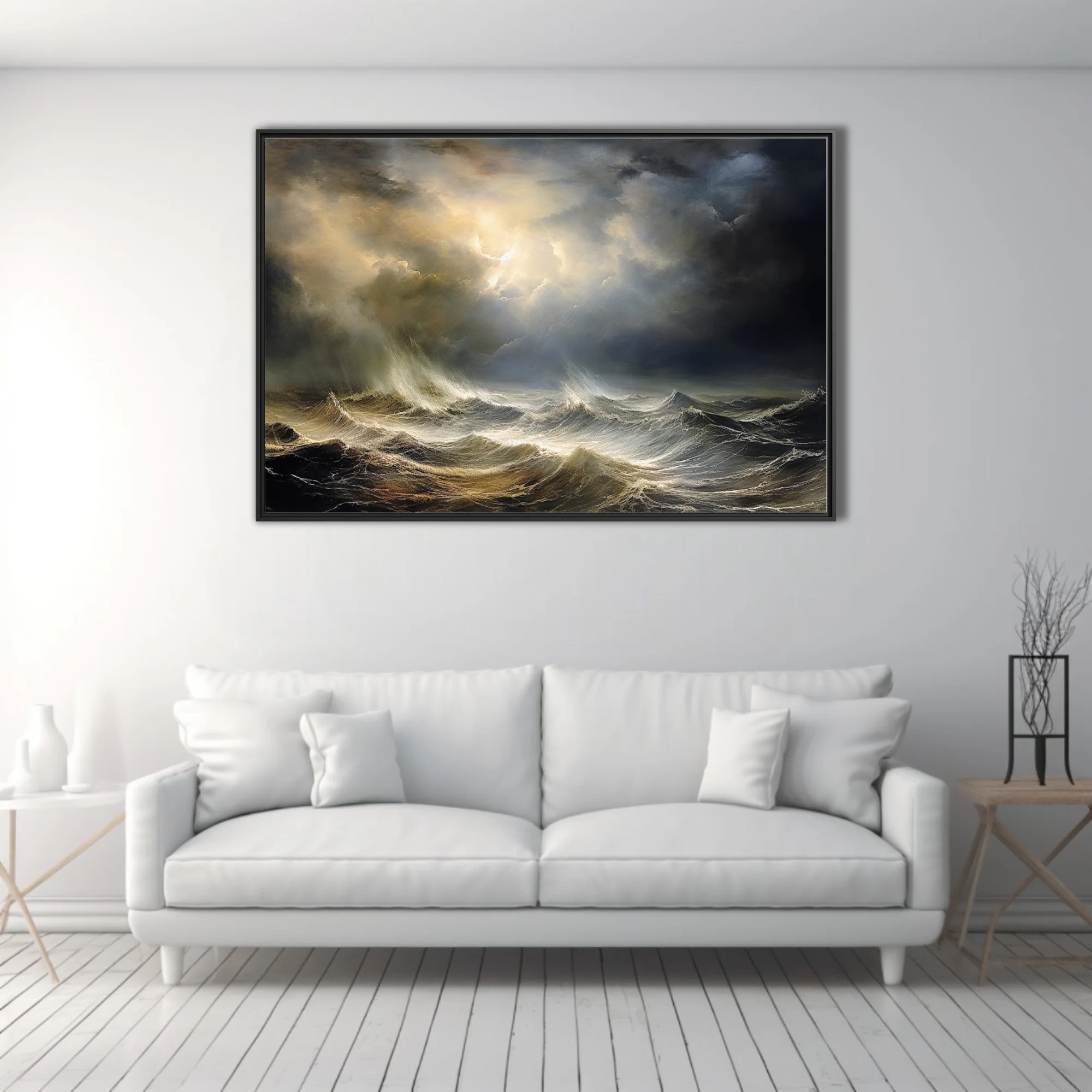 Stormy seascape with golden storm light breaking over dark turbulent waves