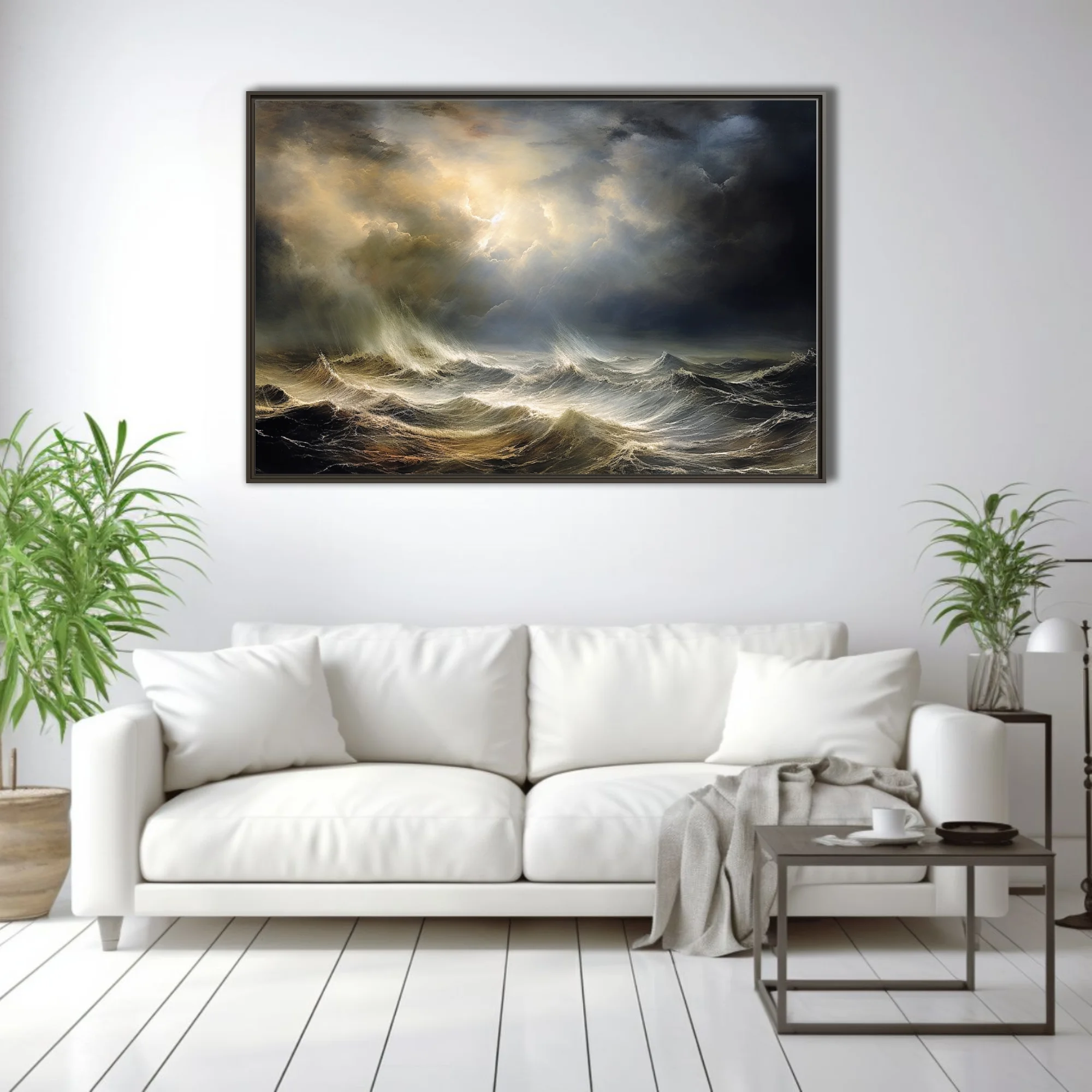 Stormy seascape with golden storm light breaking over dark turbulent waves