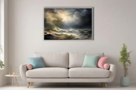 Stormy seascape with golden storm light breaking over dark turbulent waves