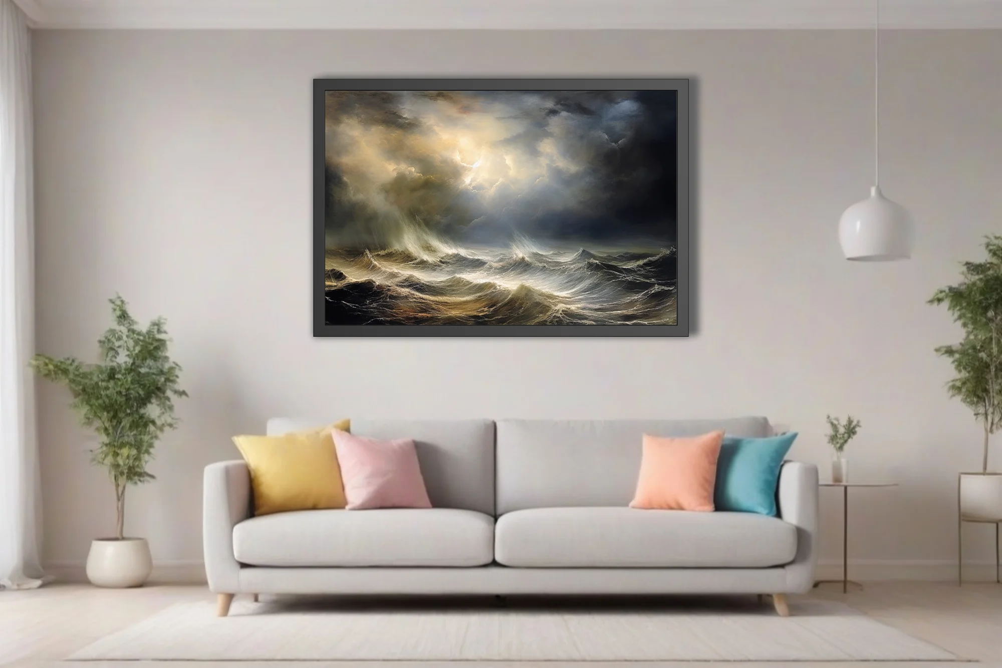Stormy seascape with golden storm light breaking over dark turbulent waves