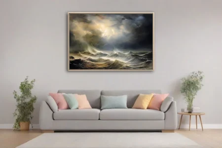 Stormy seascape with golden storm light breaking over dark turbulent waves