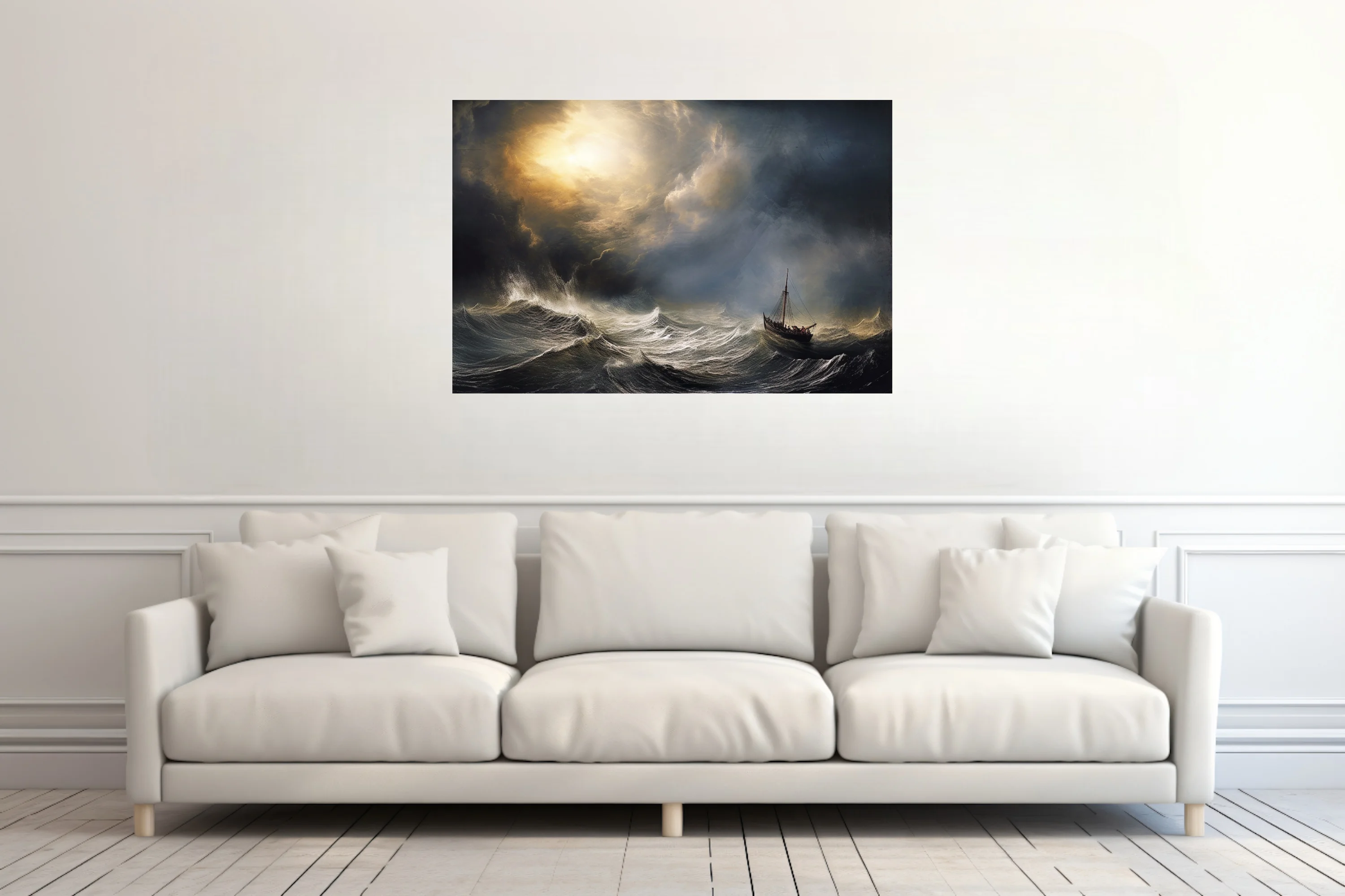 Romantic-style stormy seascape with sailing vessel and dramatic golden storm light