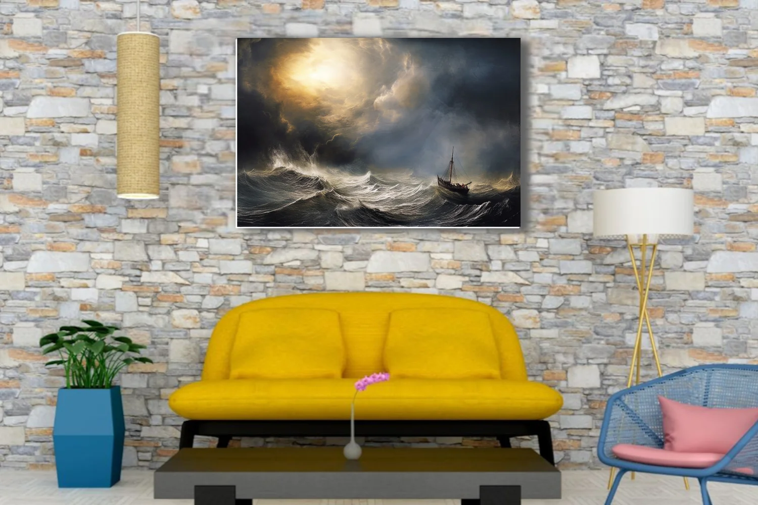Romantic-style stormy seascape with sailing vessel and dramatic golden storm light