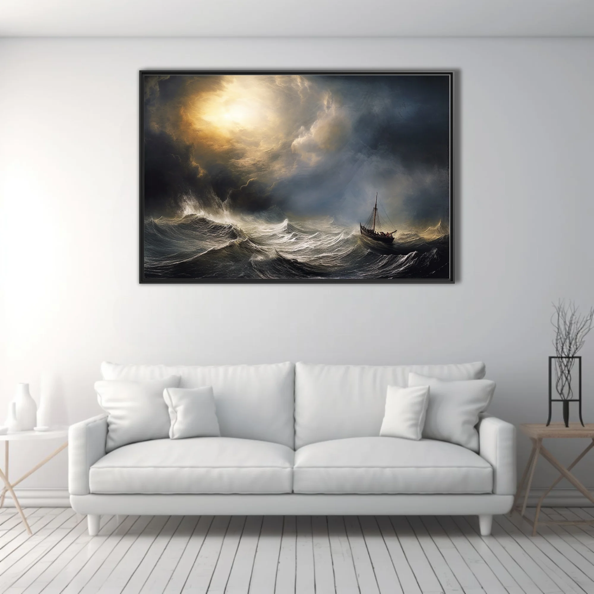Romantic-style stormy seascape with sailing vessel and dramatic golden storm light