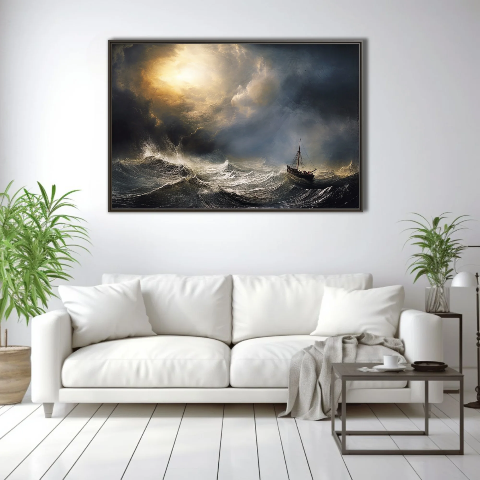 Romantic-style stormy seascape with sailing vessel and dramatic golden storm light