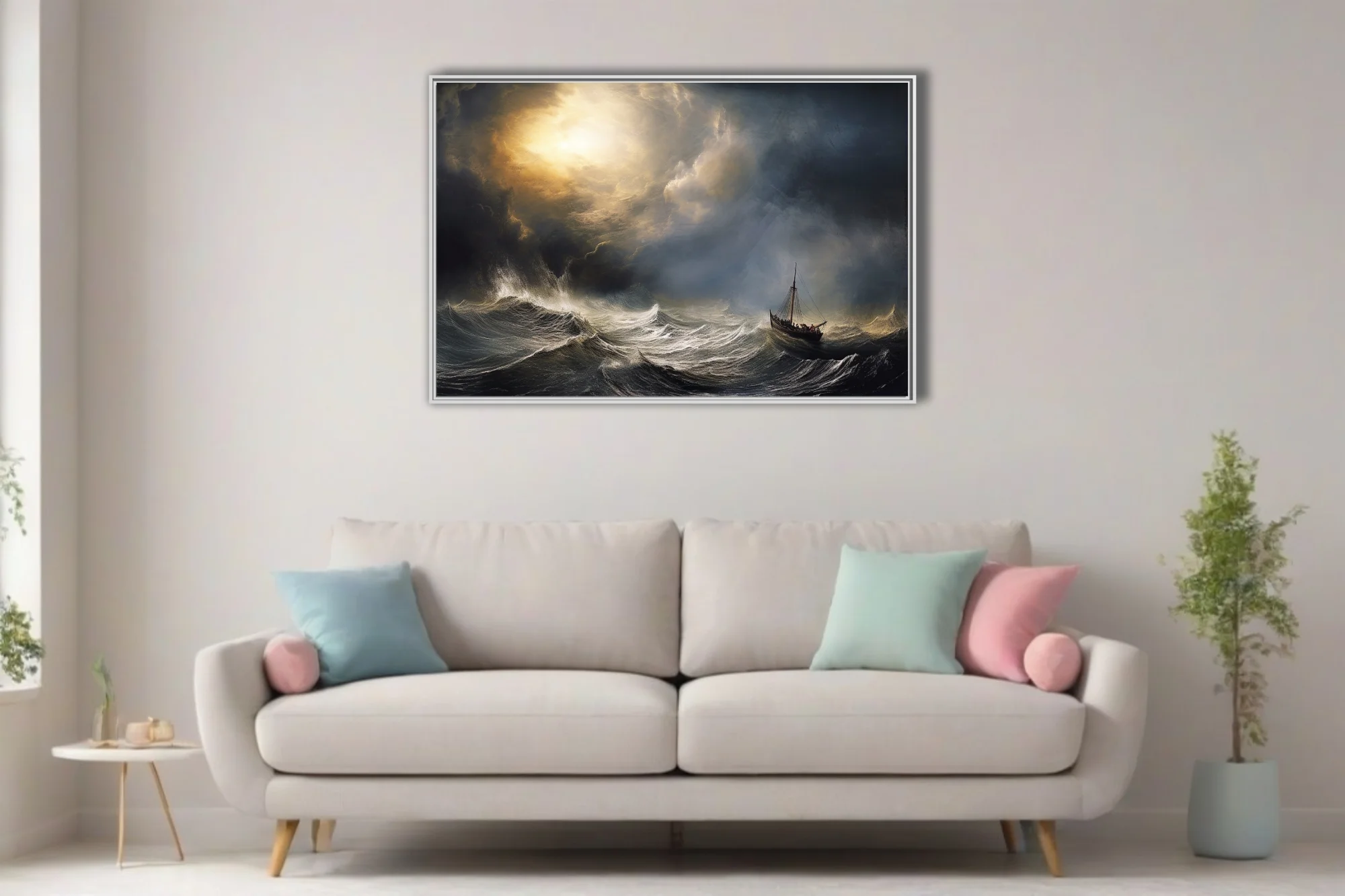 Romantic-style stormy seascape with sailing vessel and dramatic golden storm light