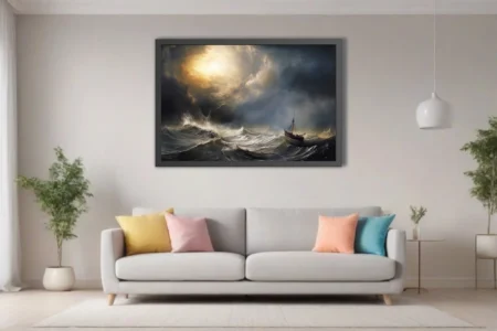 Romantic-style stormy seascape with sailing vessel and dramatic golden storm light