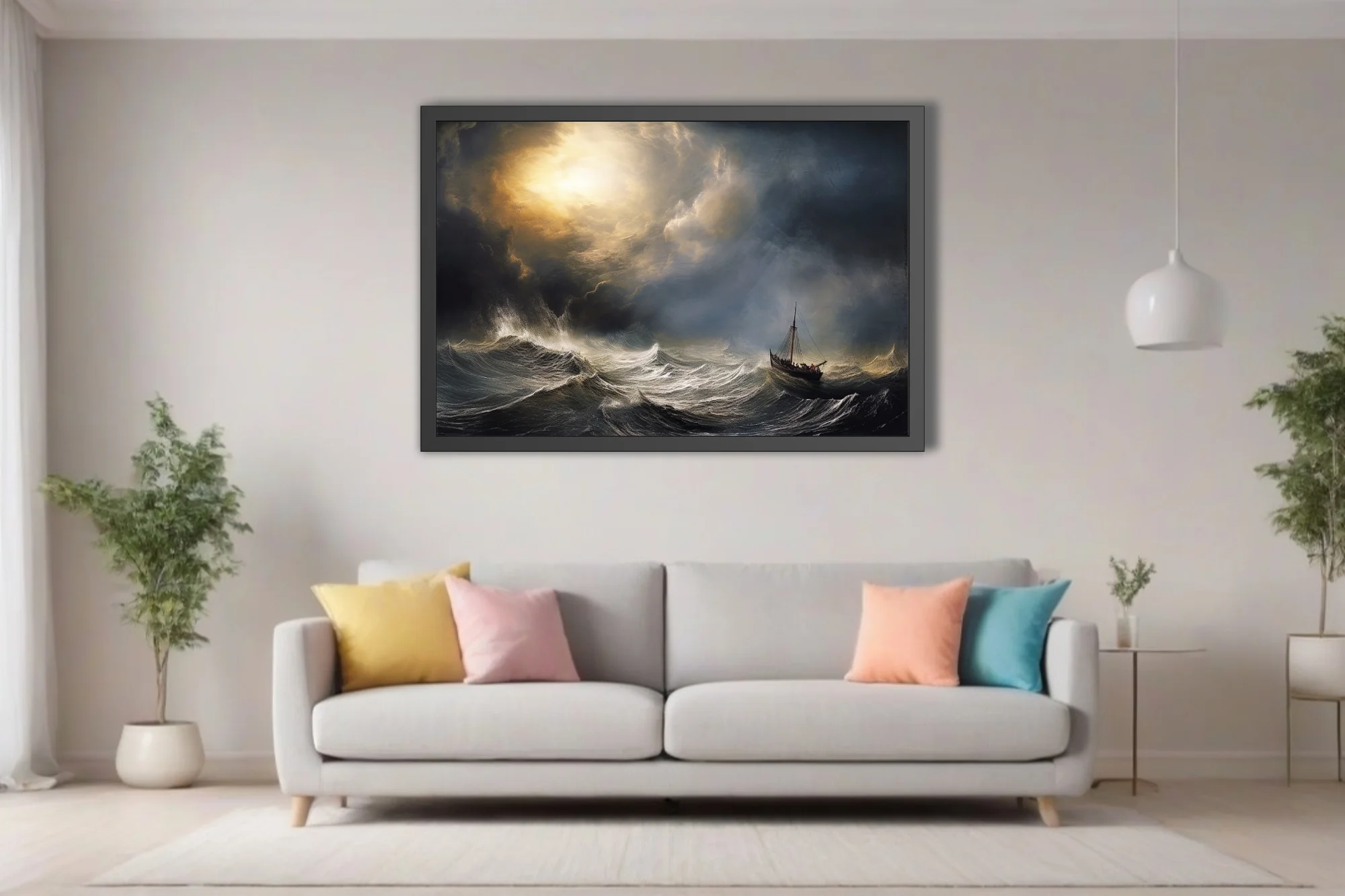 Romantic-style stormy seascape with sailing vessel and dramatic golden storm light