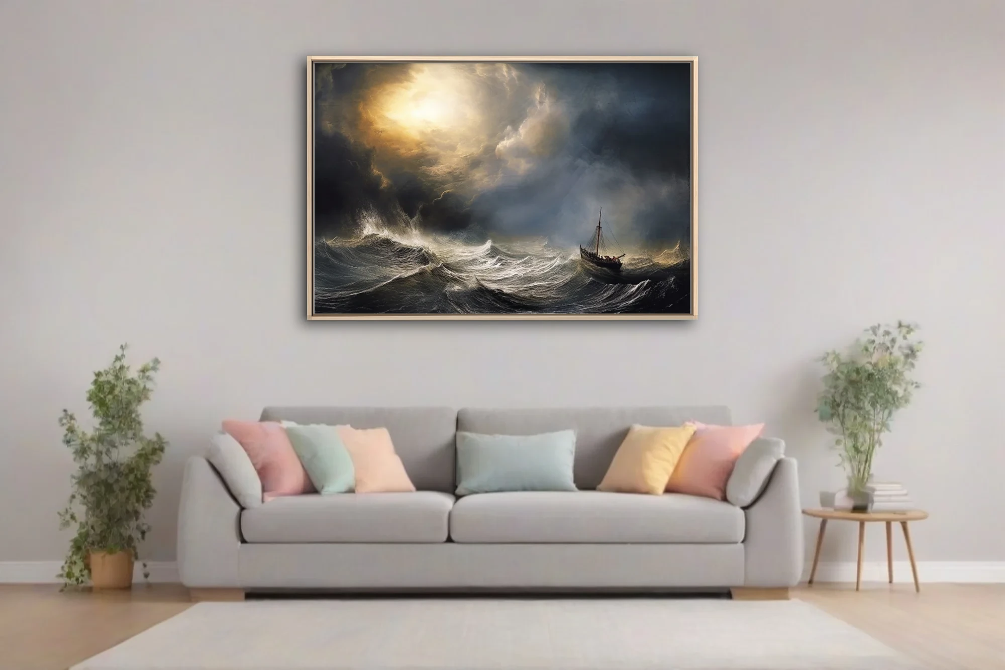 Romantic-style stormy seascape with sailing vessel and dramatic golden storm light