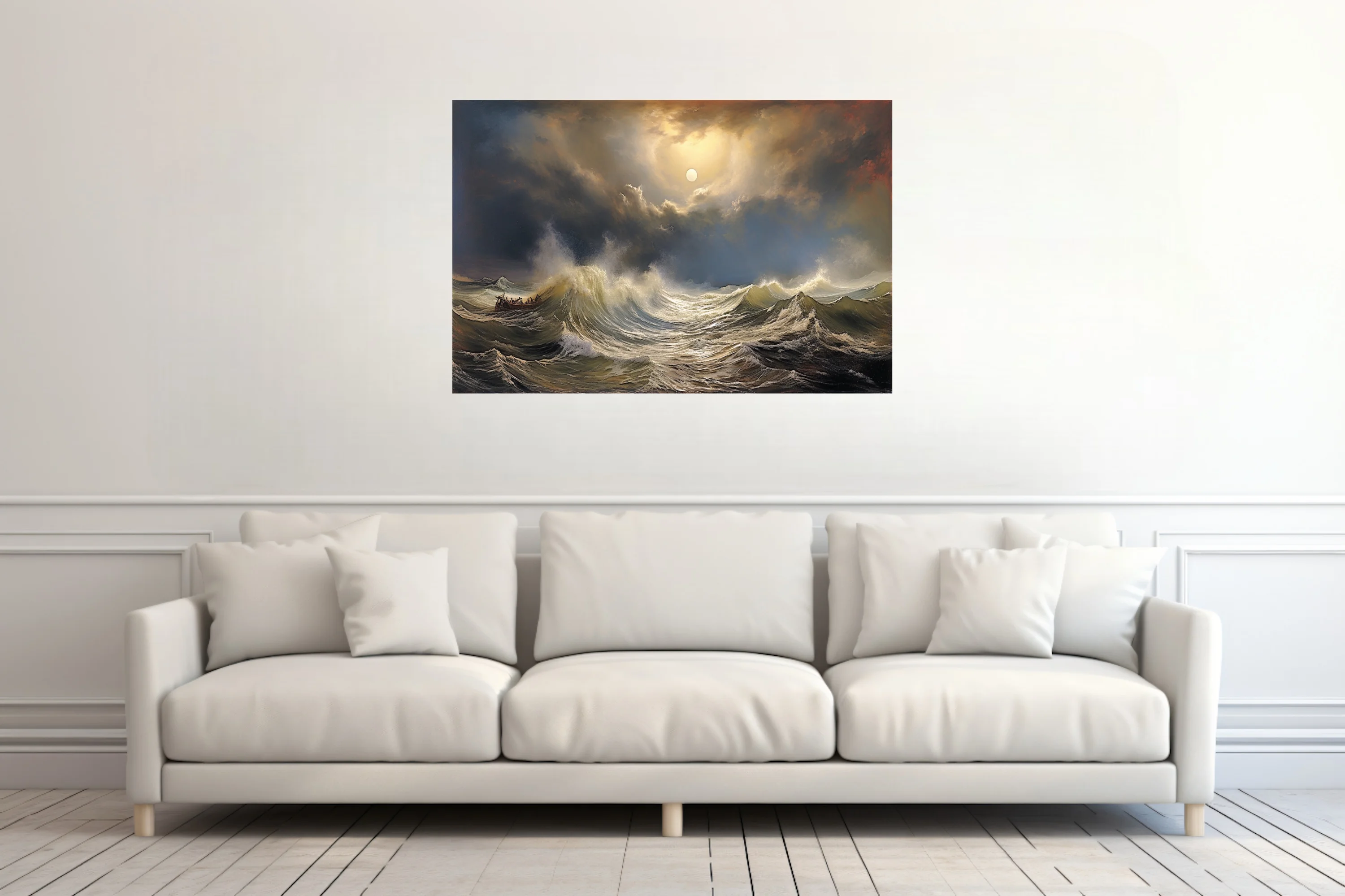 Classical stormy seascape with luminous sky, crashing waves, and small vessel