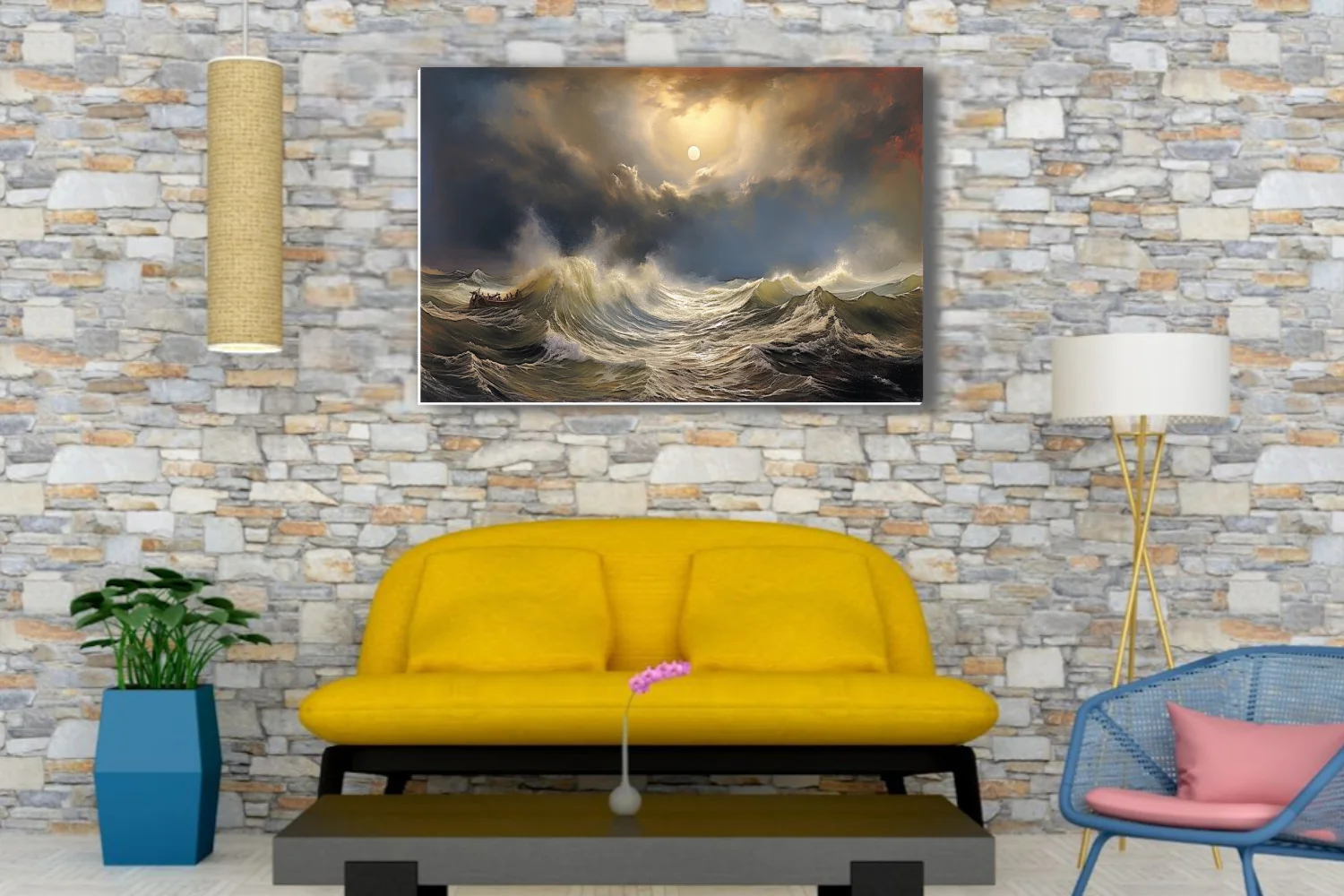 Classical stormy seascape with luminous sky, crashing waves, and small vessel