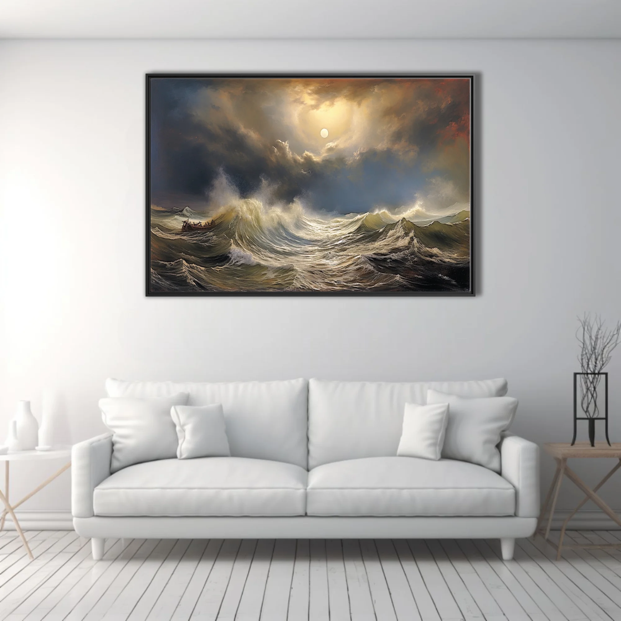 Classical stormy seascape with luminous sky, crashing waves, and small vessel