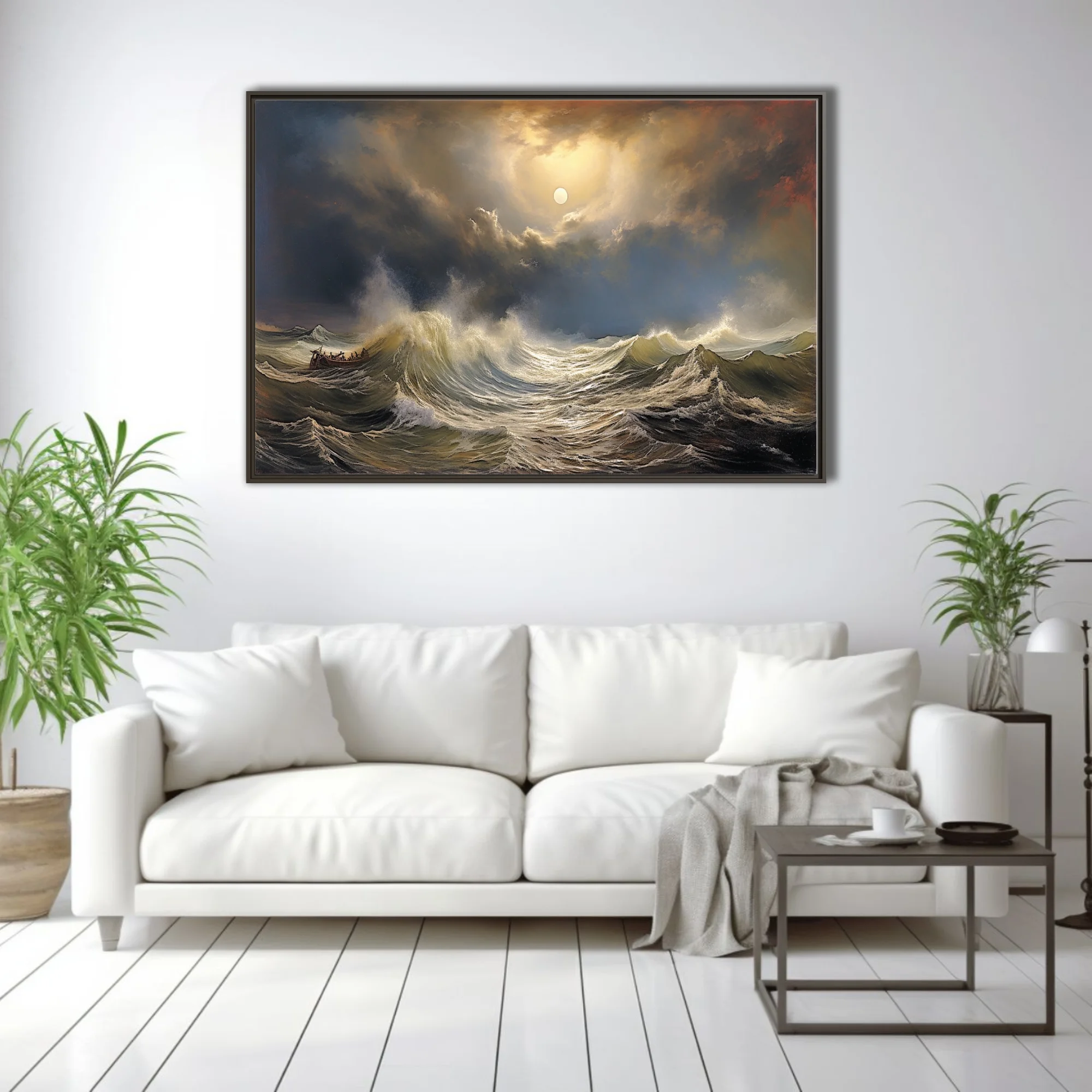 Classical stormy seascape with luminous sky, crashing waves, and small vessel