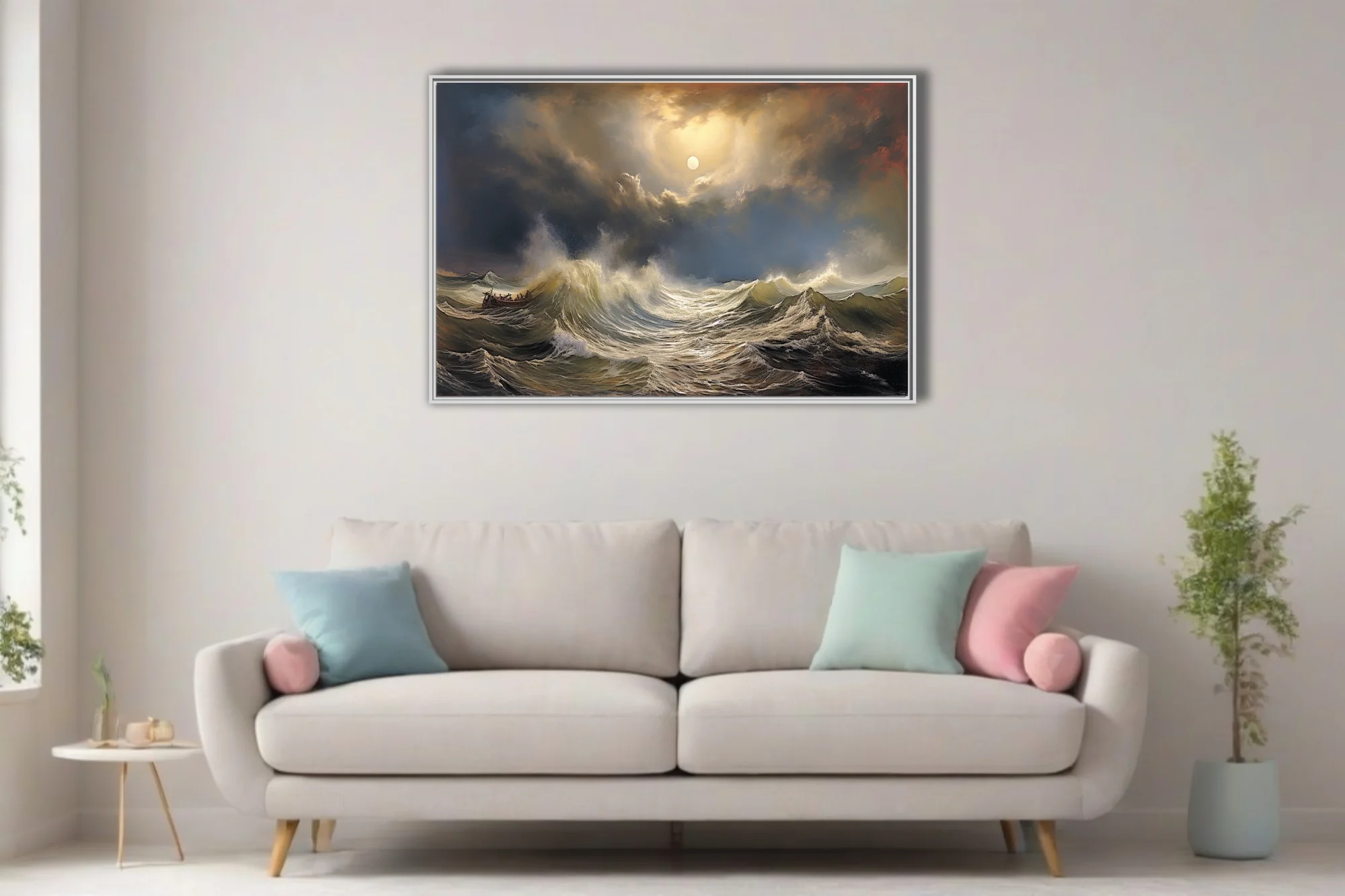 Classical stormy seascape with luminous sky, crashing waves, and small vessel