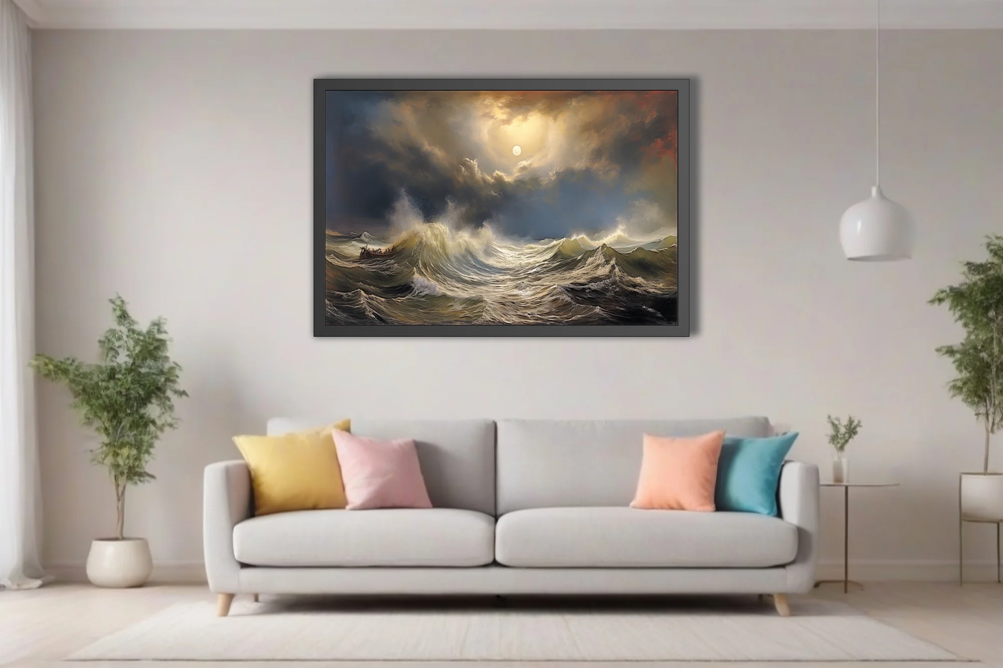 Classical stormy seascape with luminous sky, crashing waves, and small vessel