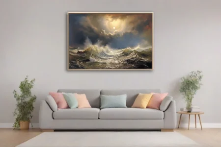 Classical stormy seascape with luminous sky, crashing waves, and small vessel