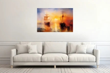Romantic harbor sunset with tall ships in molten gold and amber, atmospheric maritime art