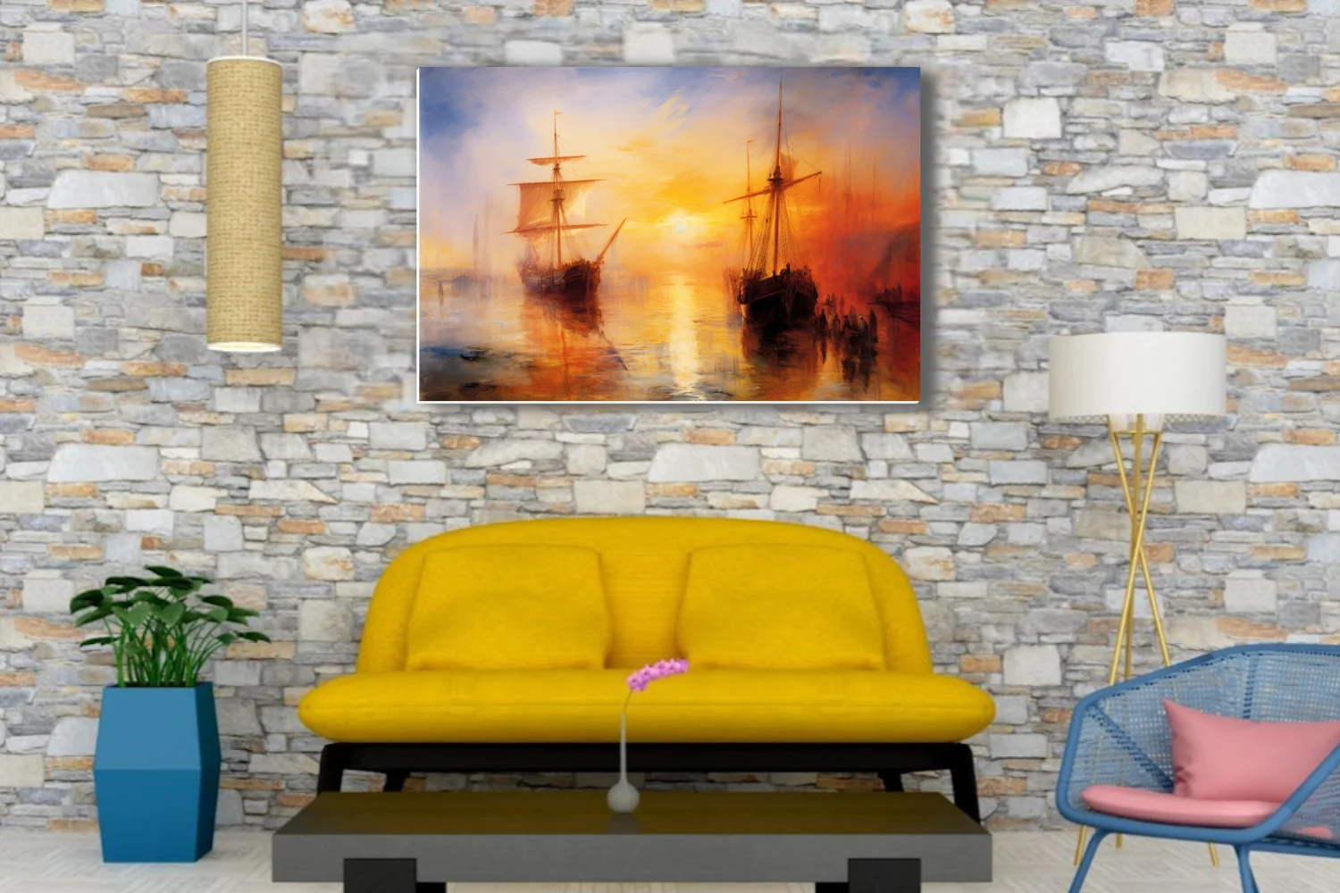 Romantic harbor sunset with tall ships in molten gold and amber, atmospheric maritime art