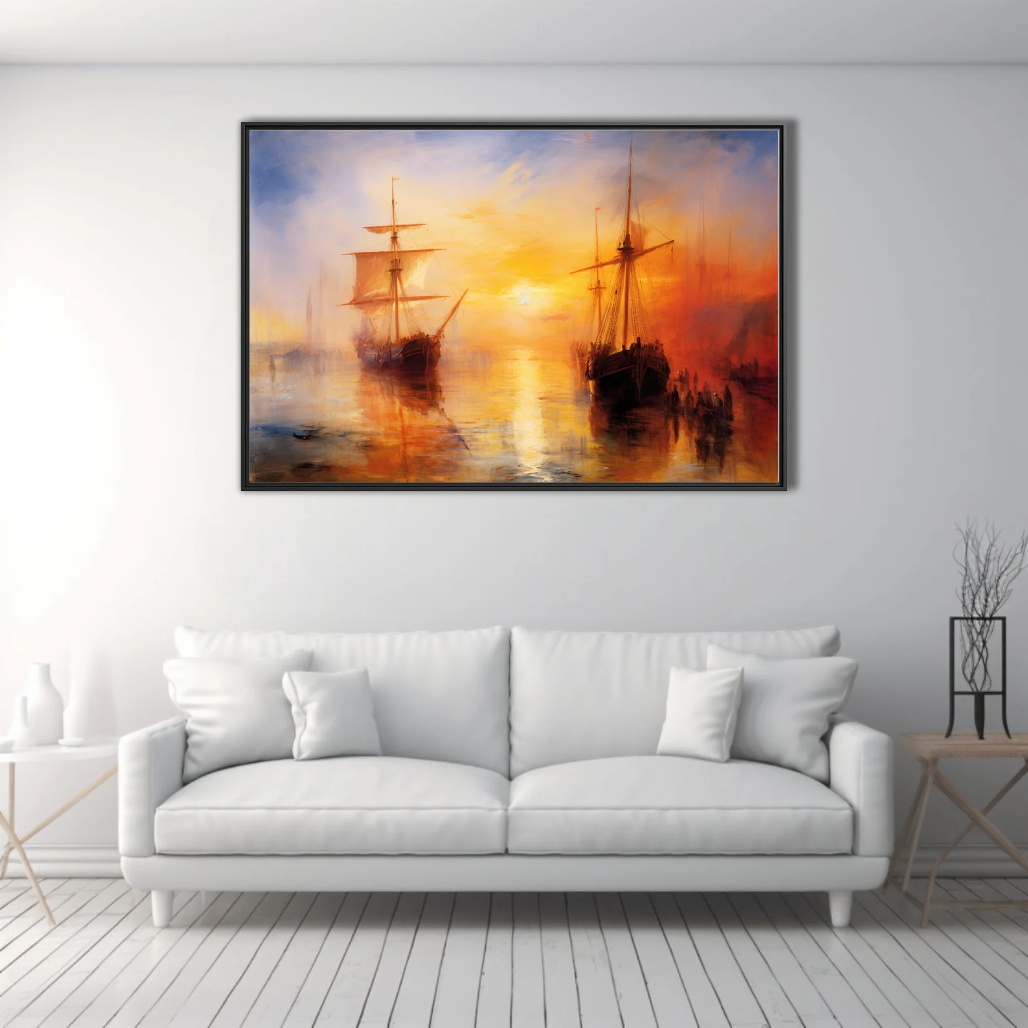 Romantic harbor sunset with tall ships in molten gold and amber, atmospheric maritime art
