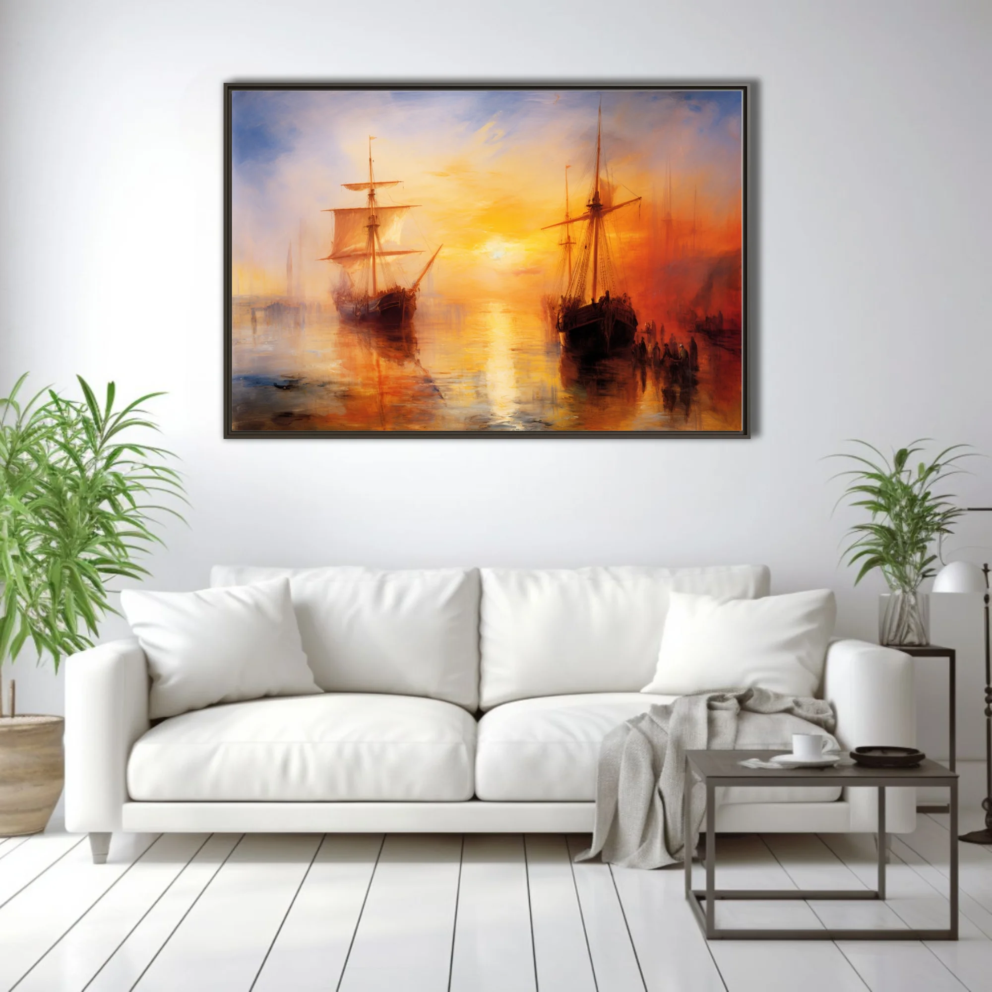 Romantic harbor sunset with tall ships in molten gold and amber, atmospheric maritime art