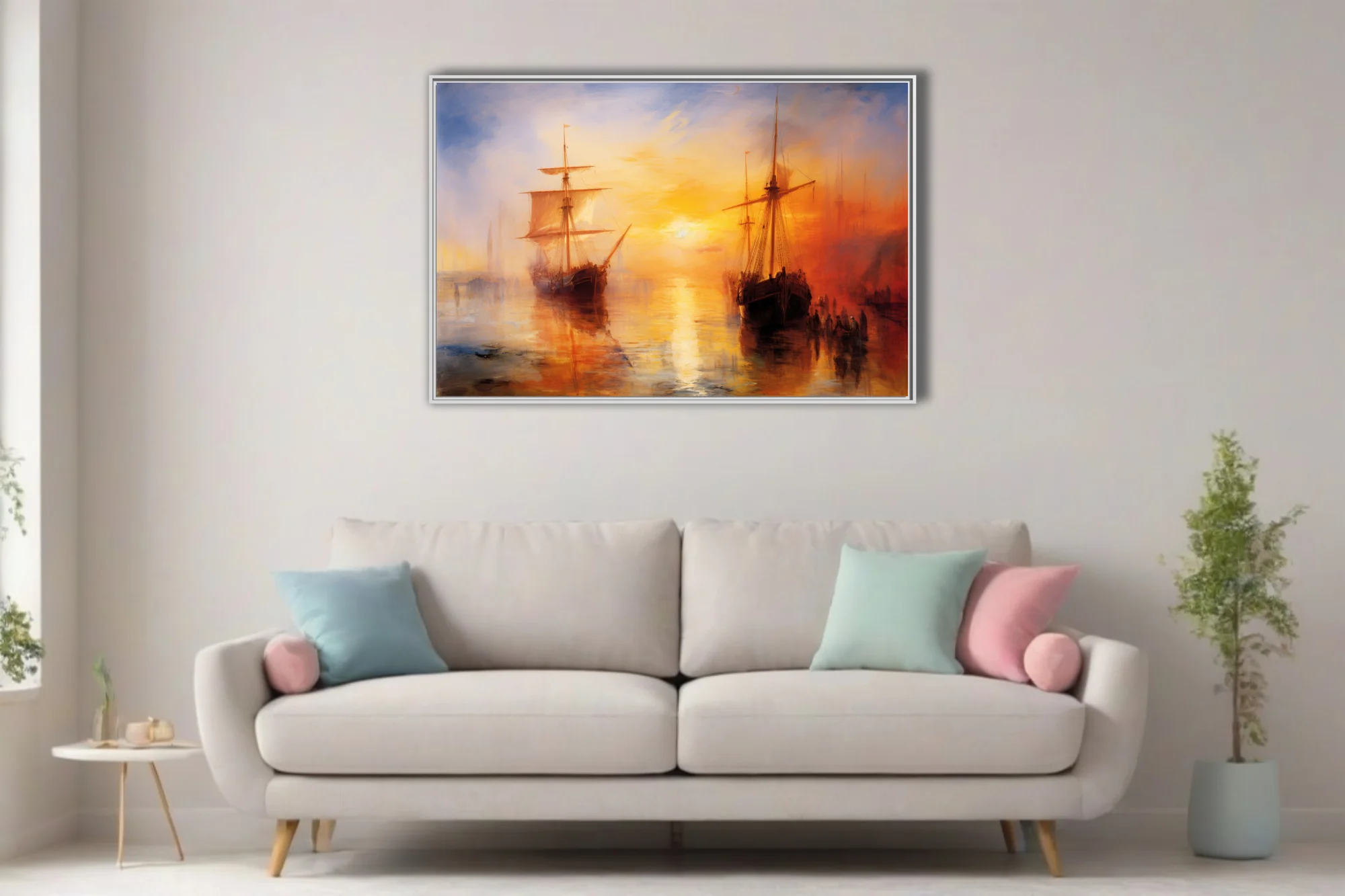 Romantic harbor sunset with tall ships in molten gold and amber, atmospheric maritime art