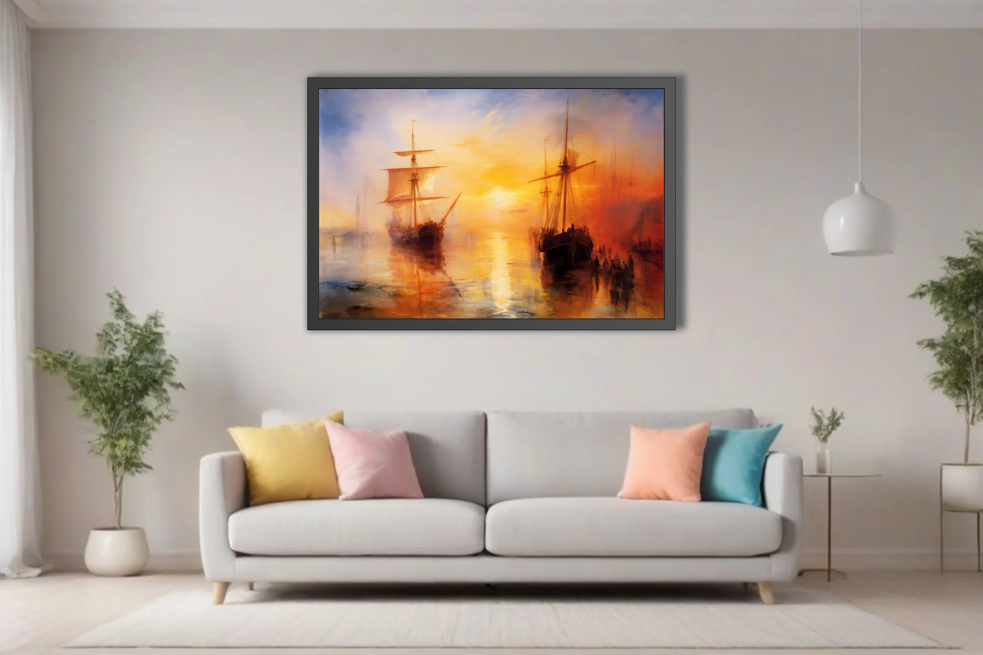 Romantic harbor sunset with tall ships in molten gold and amber, atmospheric maritime art