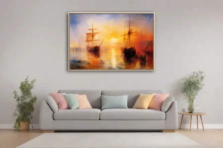 Romantic harbor sunset with tall ships in molten gold and amber, atmospheric maritime art