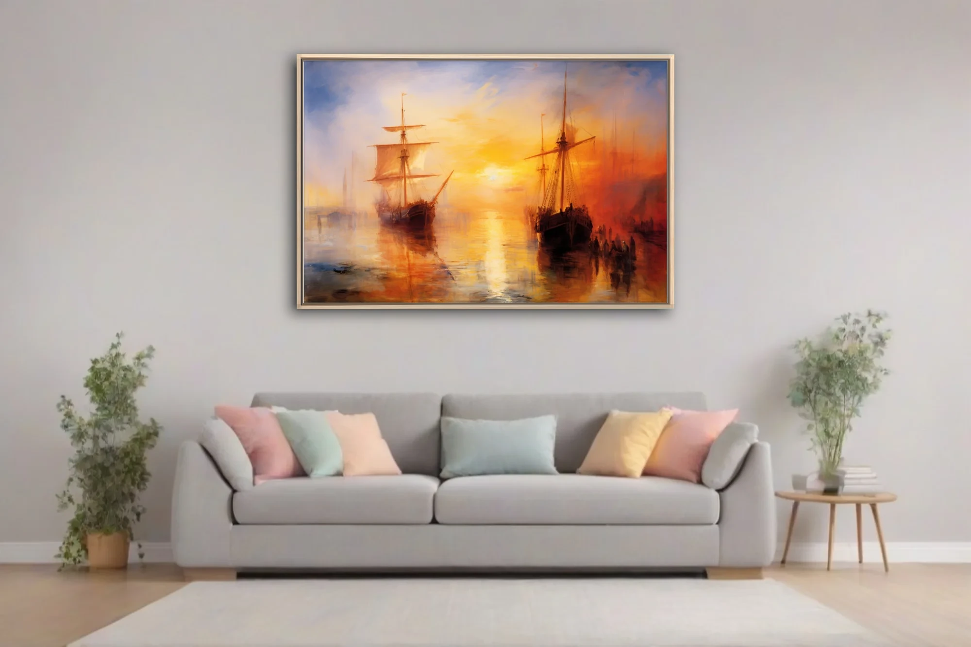 Romantic harbor sunset with tall ships in molten gold and amber, atmospheric maritime art