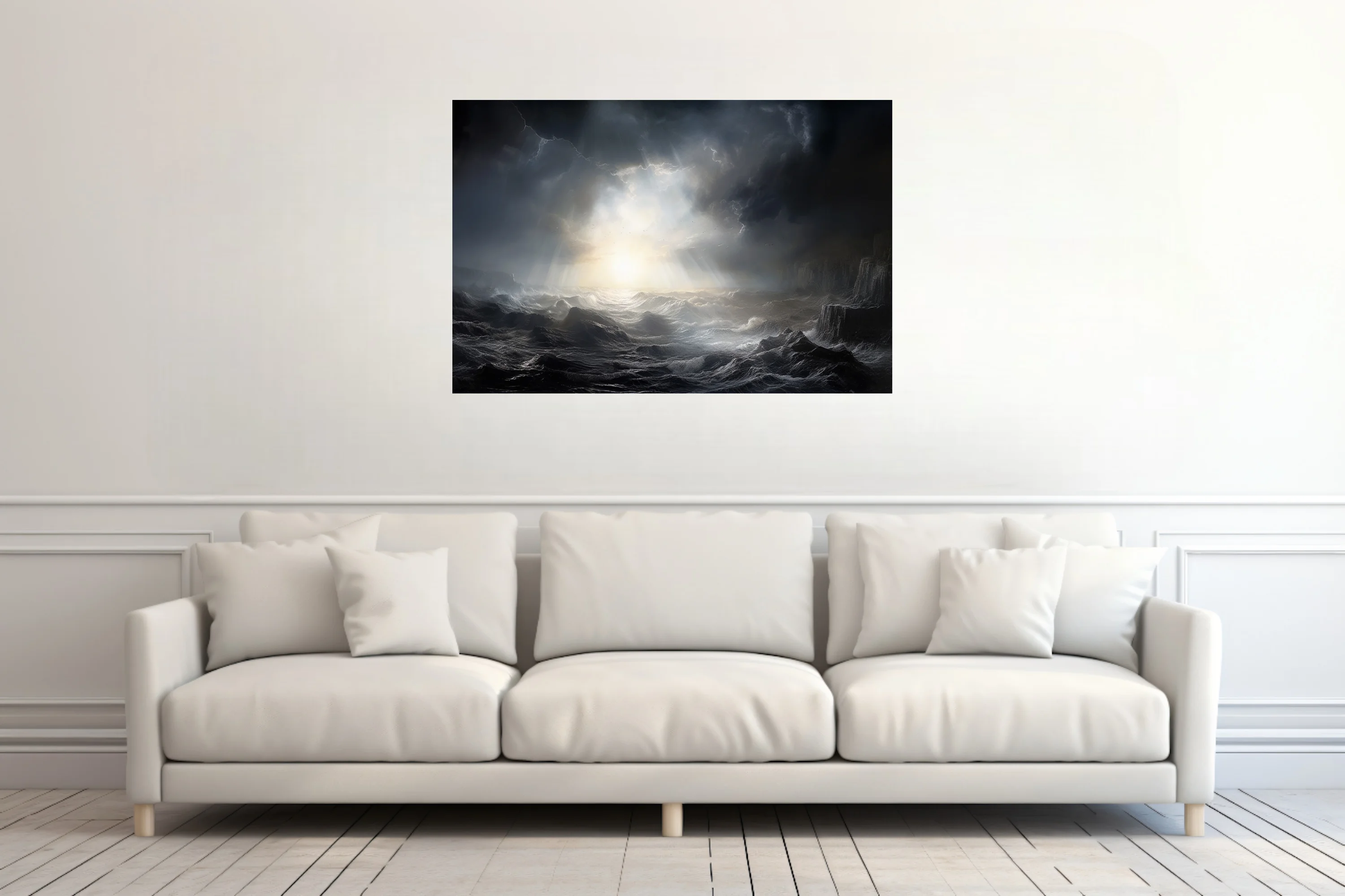 Cinematic stormy seascape with dramatic light rays breaking through dark storm clouds