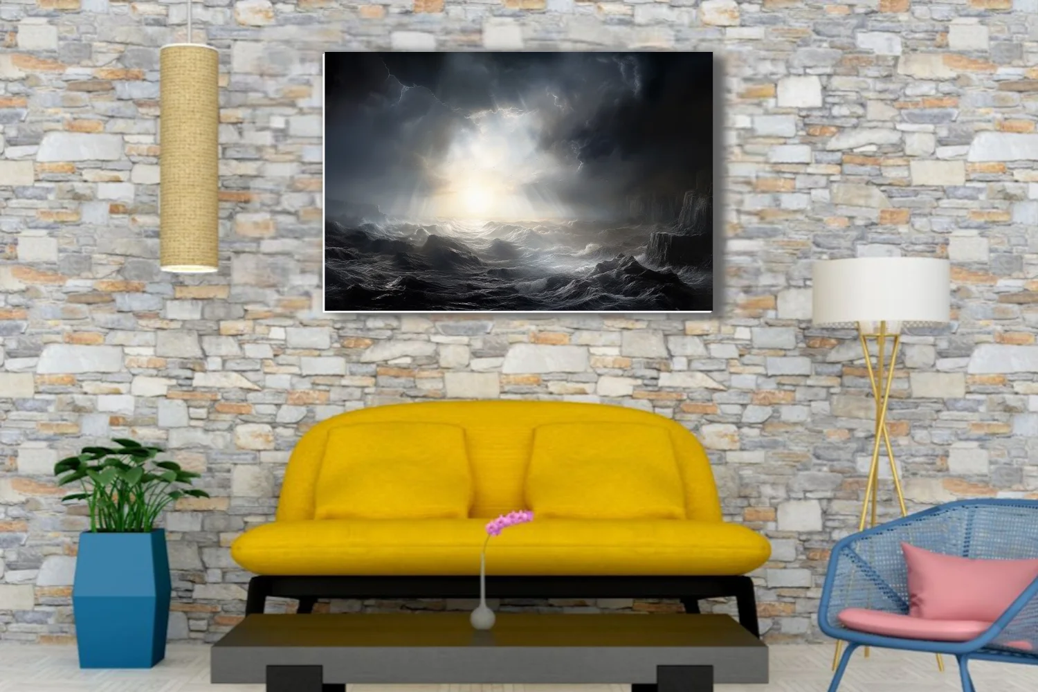 Cinematic stormy seascape with dramatic light rays breaking through dark storm clouds