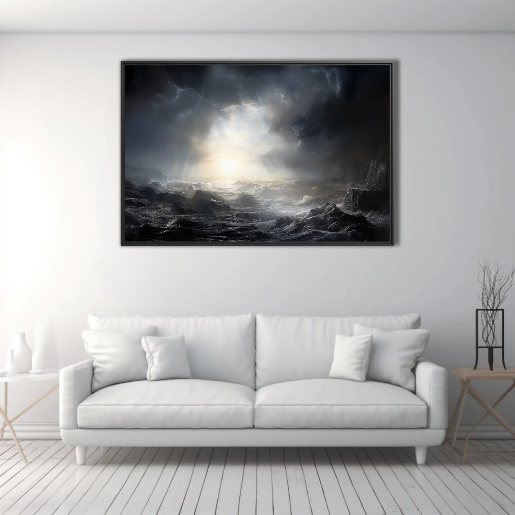 Cinematic stormy seascape with dramatic light rays breaking through dark storm clouds