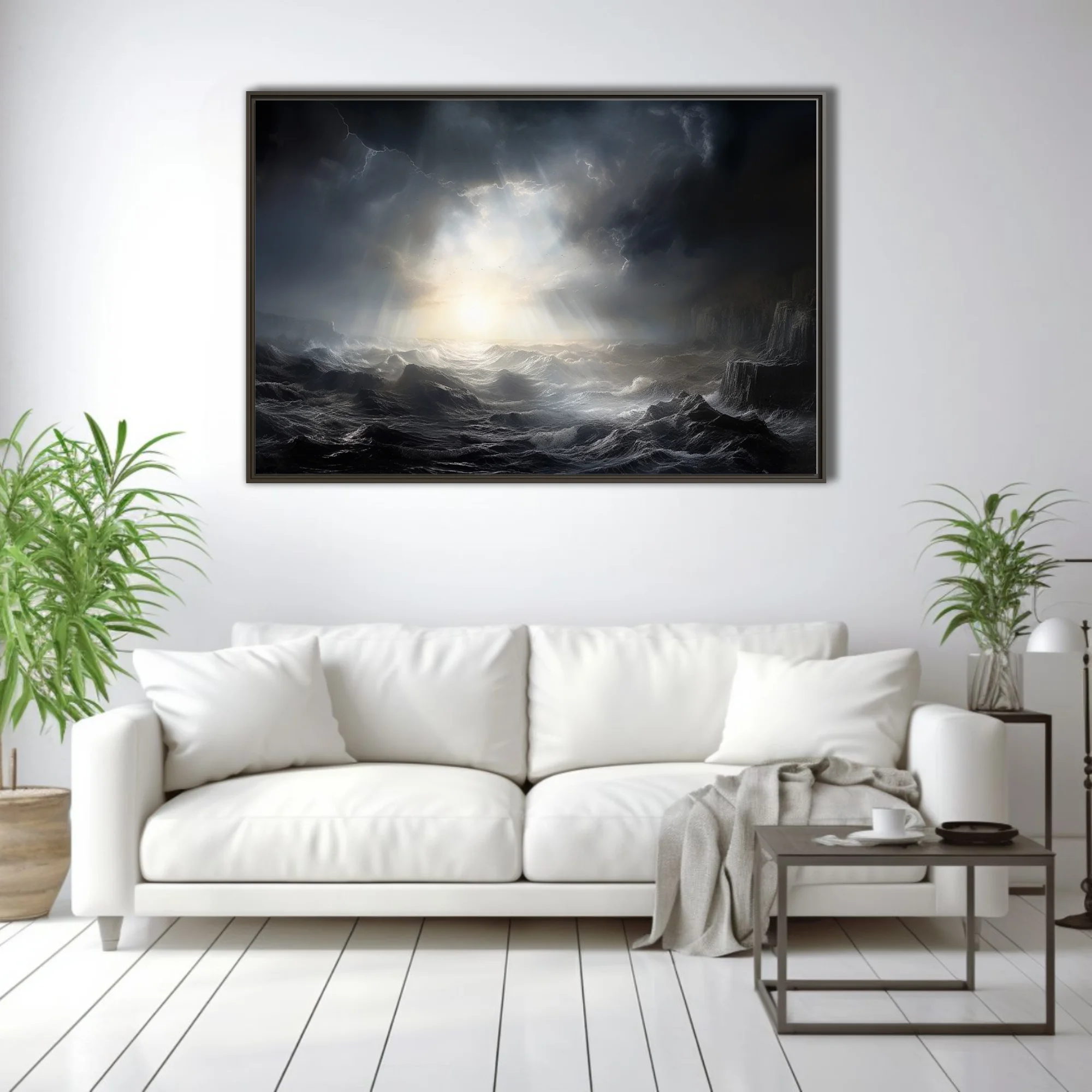 Cinematic stormy seascape with dramatic light rays breaking through dark storm clouds
