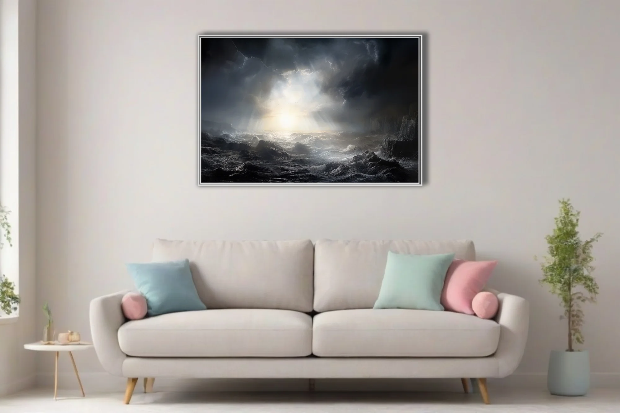 Cinematic stormy seascape with dramatic light rays breaking through dark storm clouds