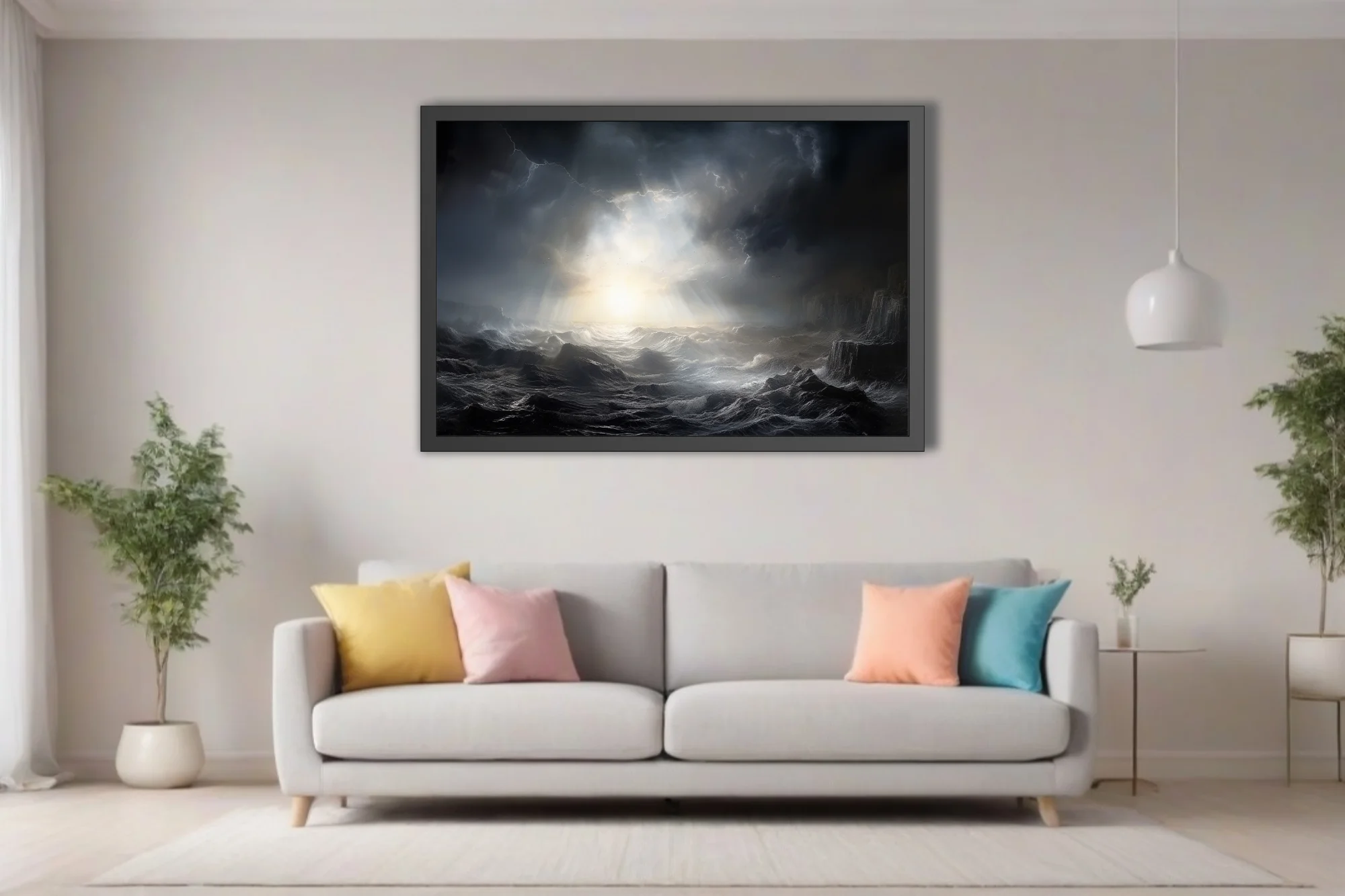 Cinematic stormy seascape with dramatic light rays breaking through dark storm clouds