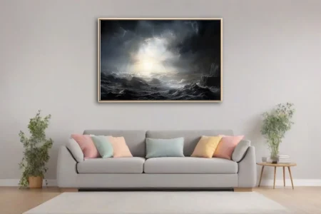 Cinematic stormy seascape with dramatic light rays breaking through dark storm clouds