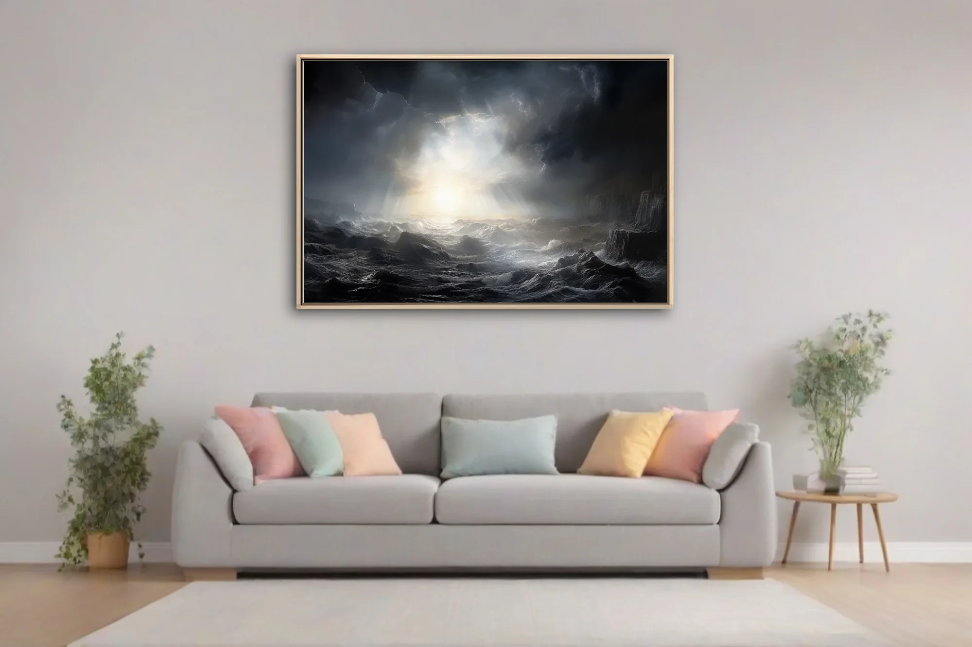 Cinematic stormy seascape with dramatic light rays breaking through dark storm clouds