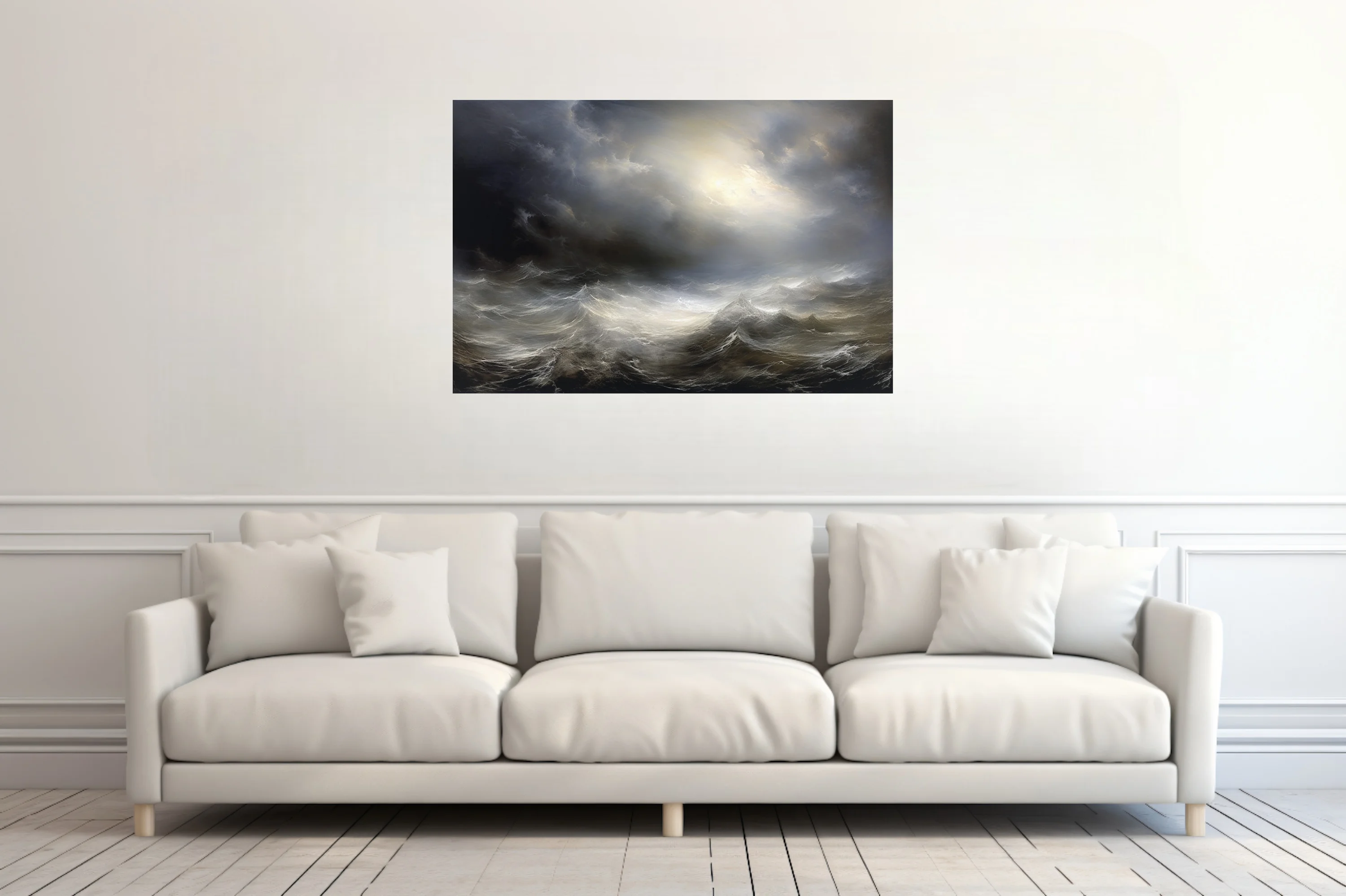 Dramatic stormy seascape with luminous sky break, dark storm clouds and churning waves, style