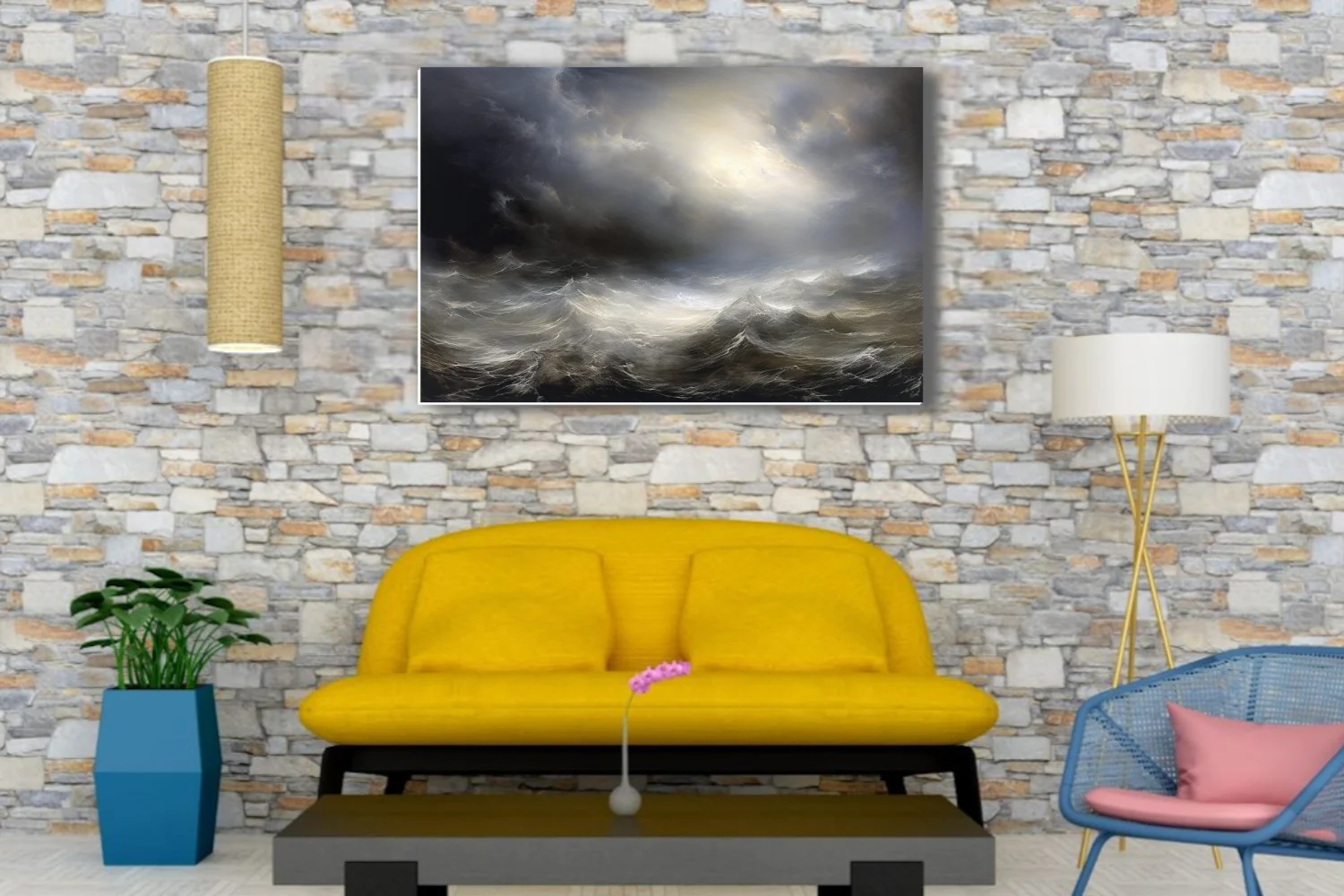 Dramatic stormy seascape with luminous sky break, dark storm clouds and churning waves, style